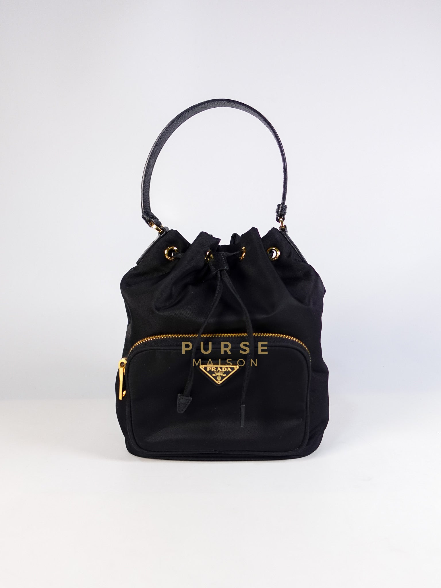 Mini Bucket Bag in Black Tessuto Nylon Leather & Gold Hardware | Purse Maison Luxury Bags Shop