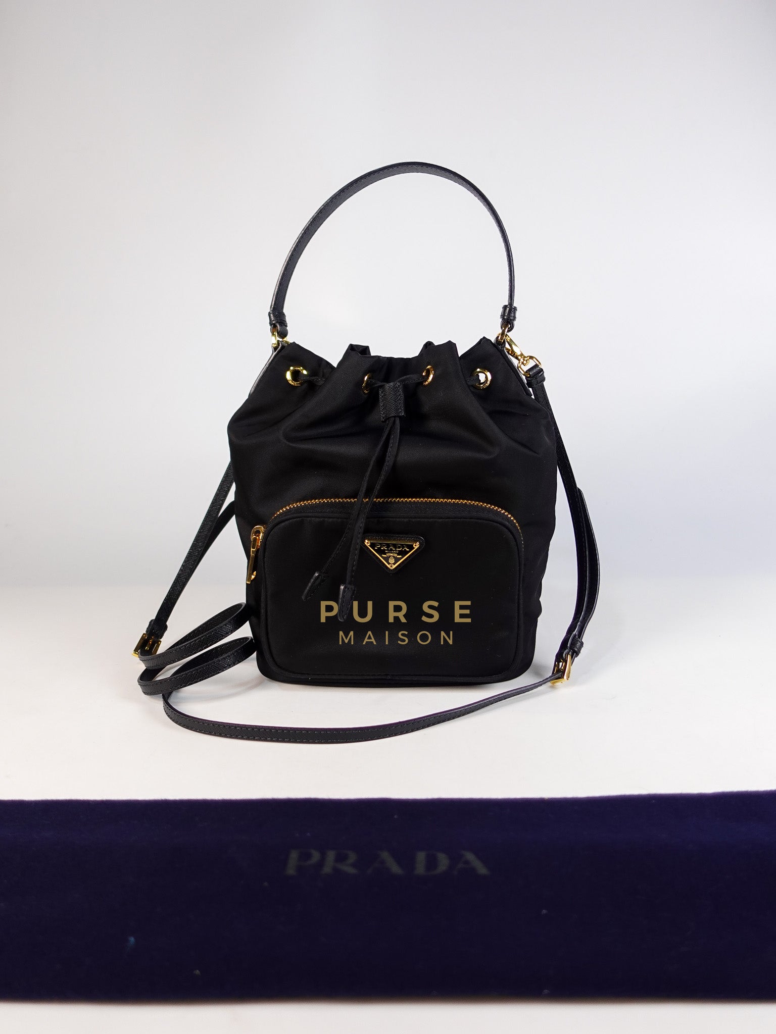 Mini Bucket Bag in Black Tessuto Nylon Leather & Gold Hardware | Purse Maison Luxury Bags Shop