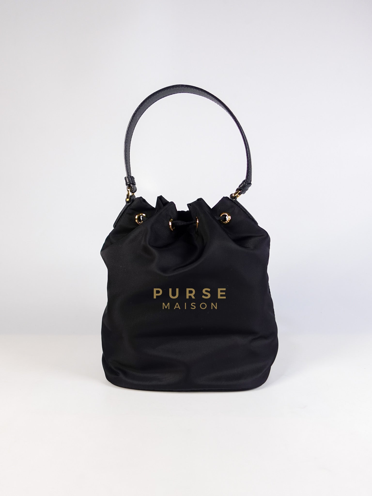 Mini Bucket Bag in Black Tessuto Nylon Leather & Gold Hardware | Purse Maison Luxury Bags Shop