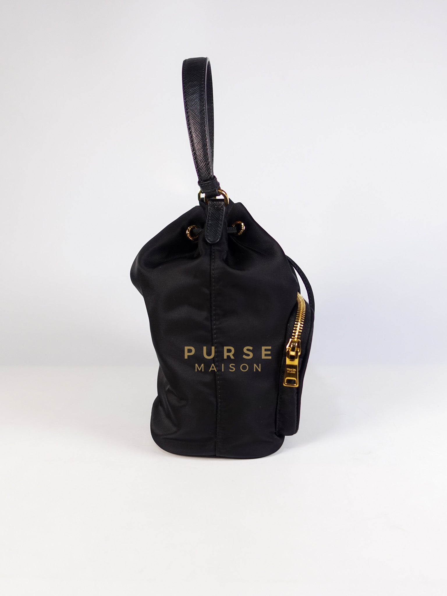 Mini Bucket Bag in Black Tessuto Nylon Leather & Gold Hardware | Purse Maison Luxury Bags Shop
