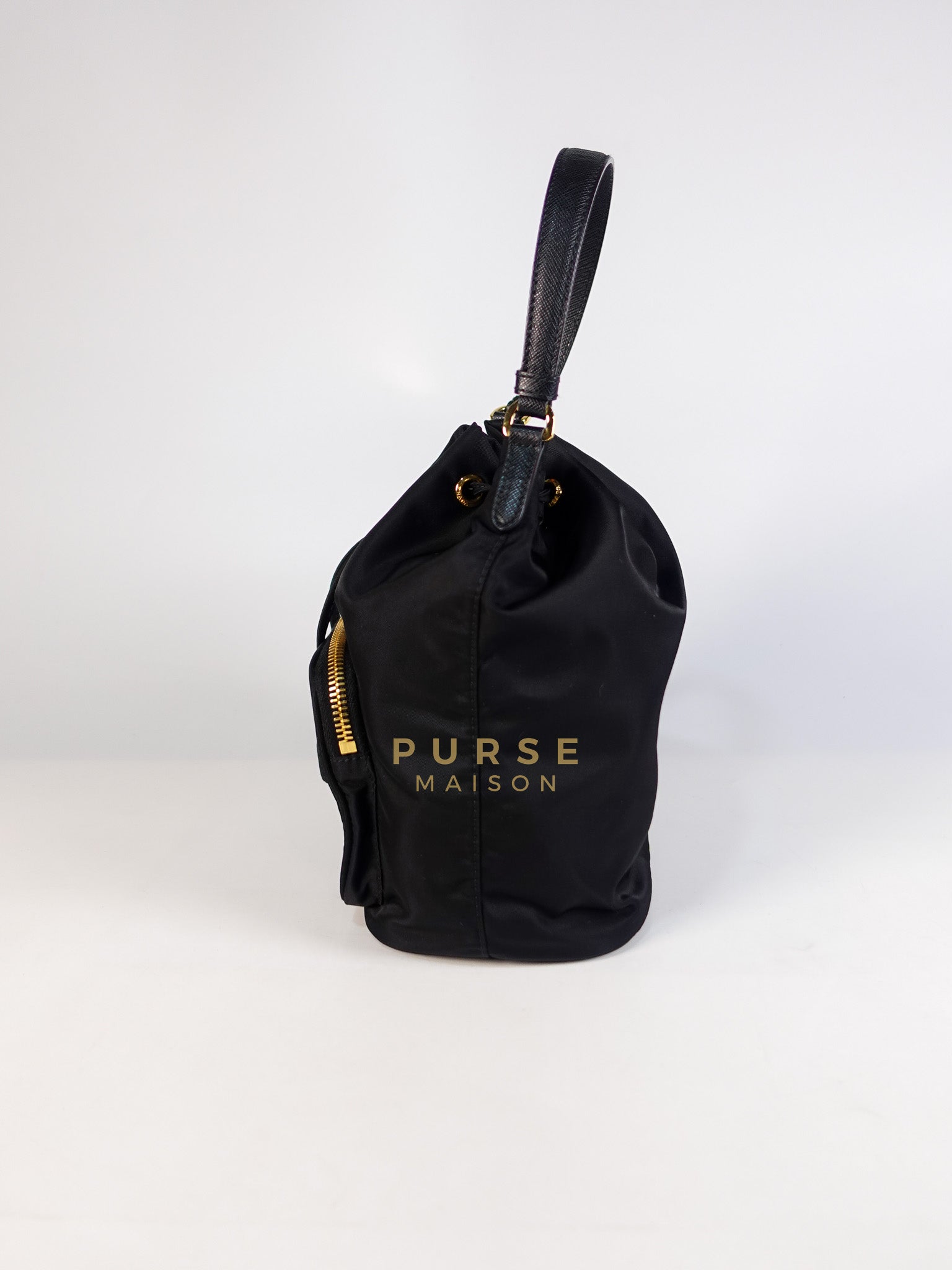 Mini Bucket Bag in Black Tessuto Nylon Leather & Gold Hardware | Purse Maison Luxury Bags Shop
