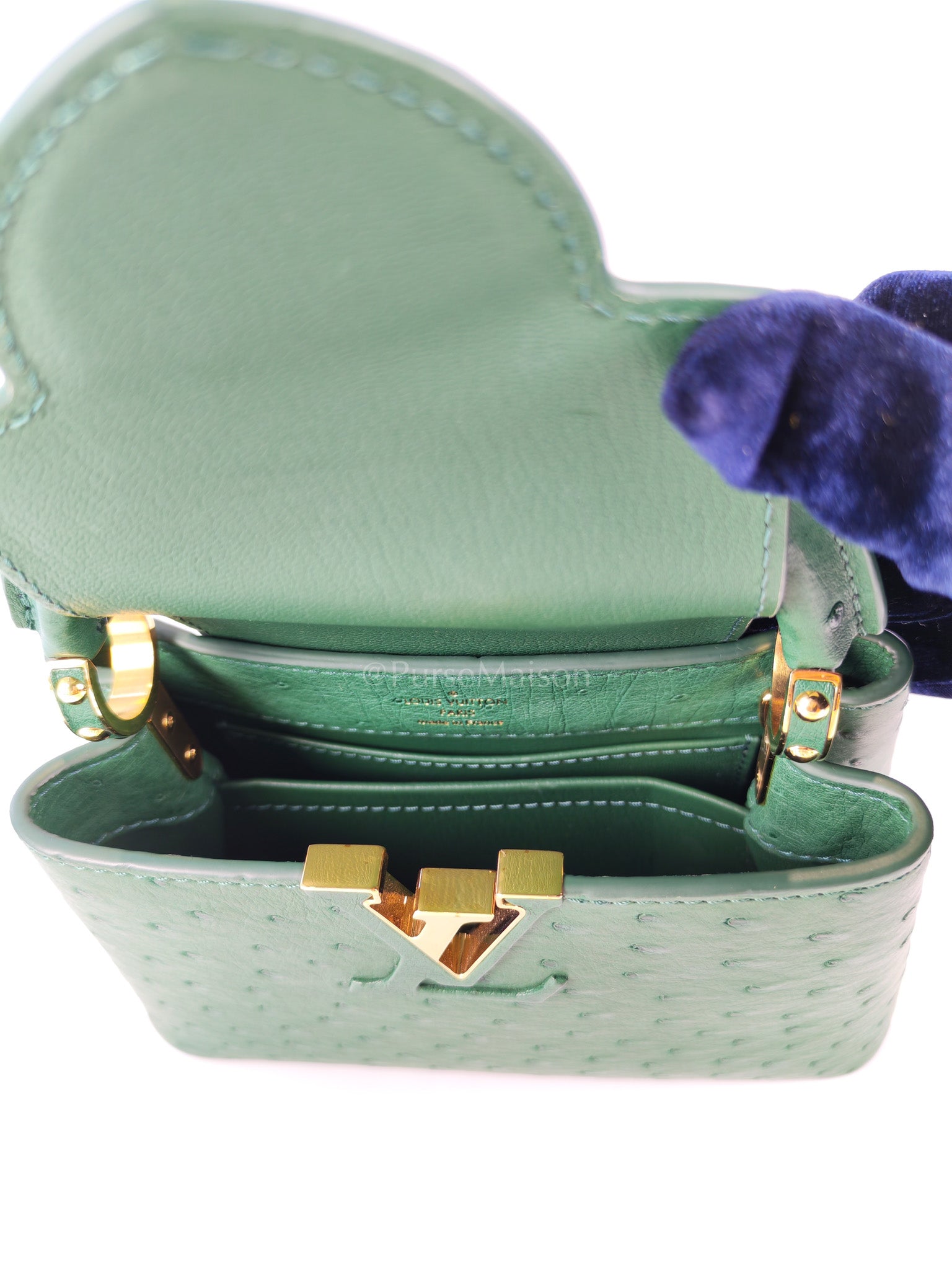 Mini Capuccines in Green Ostrich & Goat Leather Lining (Microchip) | Purse Maison Luxury Bags Shop