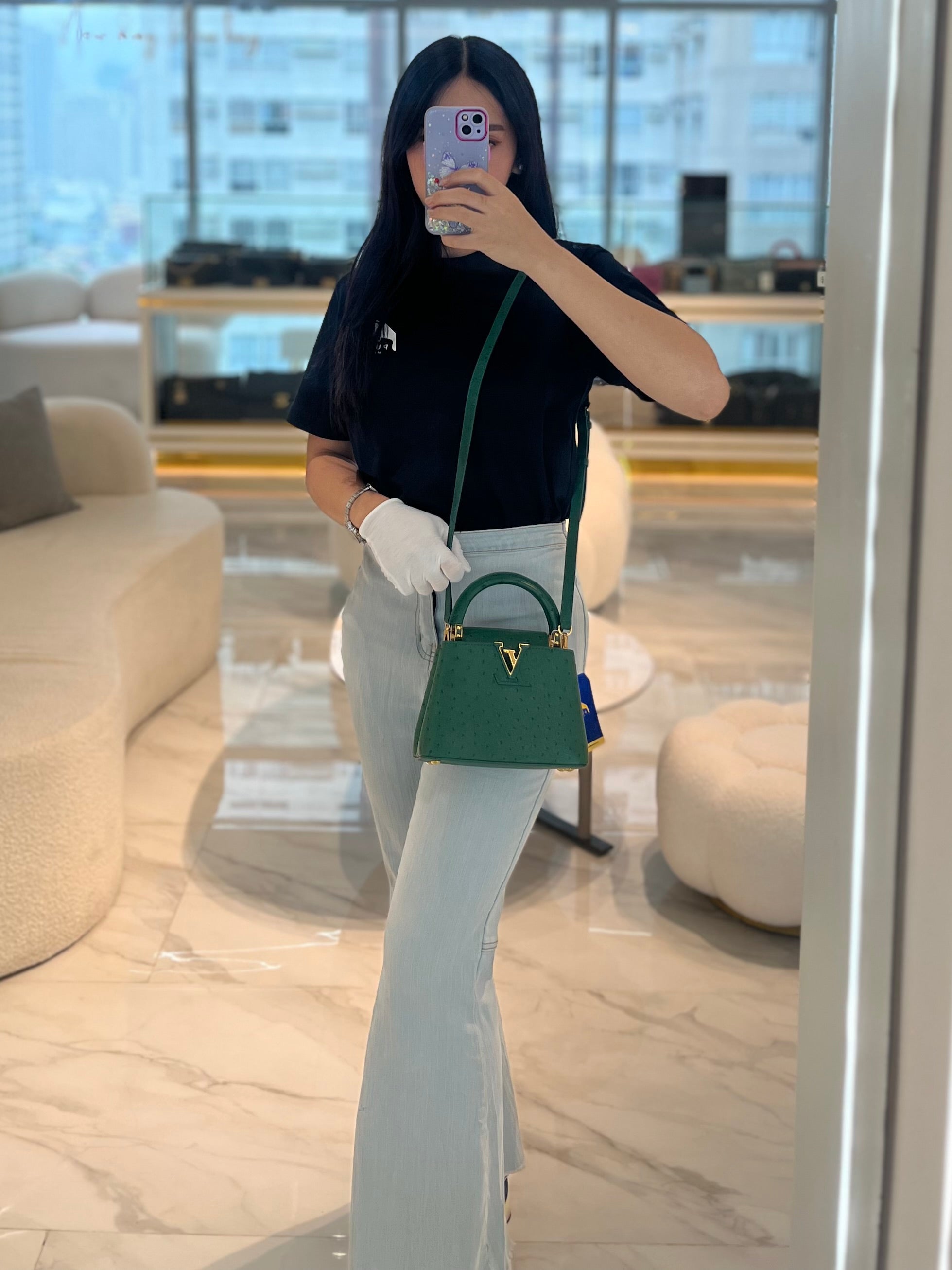 Mini Capuccines in Green Ostrich & Goat Leather Lining (Microchip) | Purse Maison Luxury Bags Shop