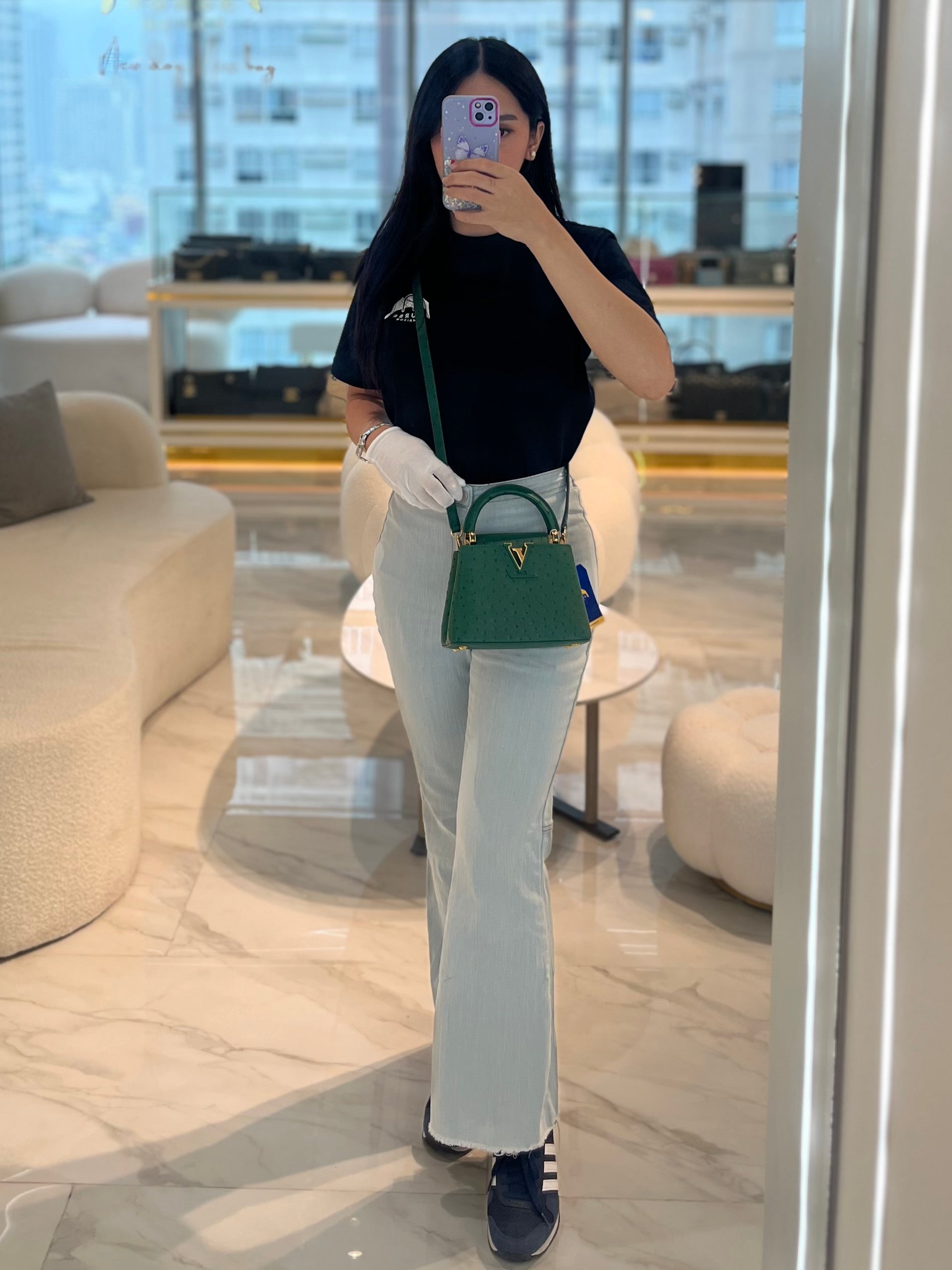 Mini Capuccines in Green Ostrich & Goat Leather Lining (Microchip) | Purse Maison Luxury Bags Shop