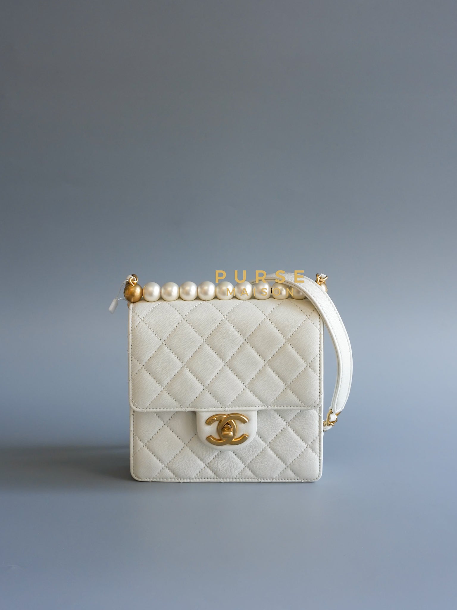 Mini Chic Pearls White in Goatskin Leather and Aged Gold Hardware Series 29 | Purse Maison Luxury Bags Shop
