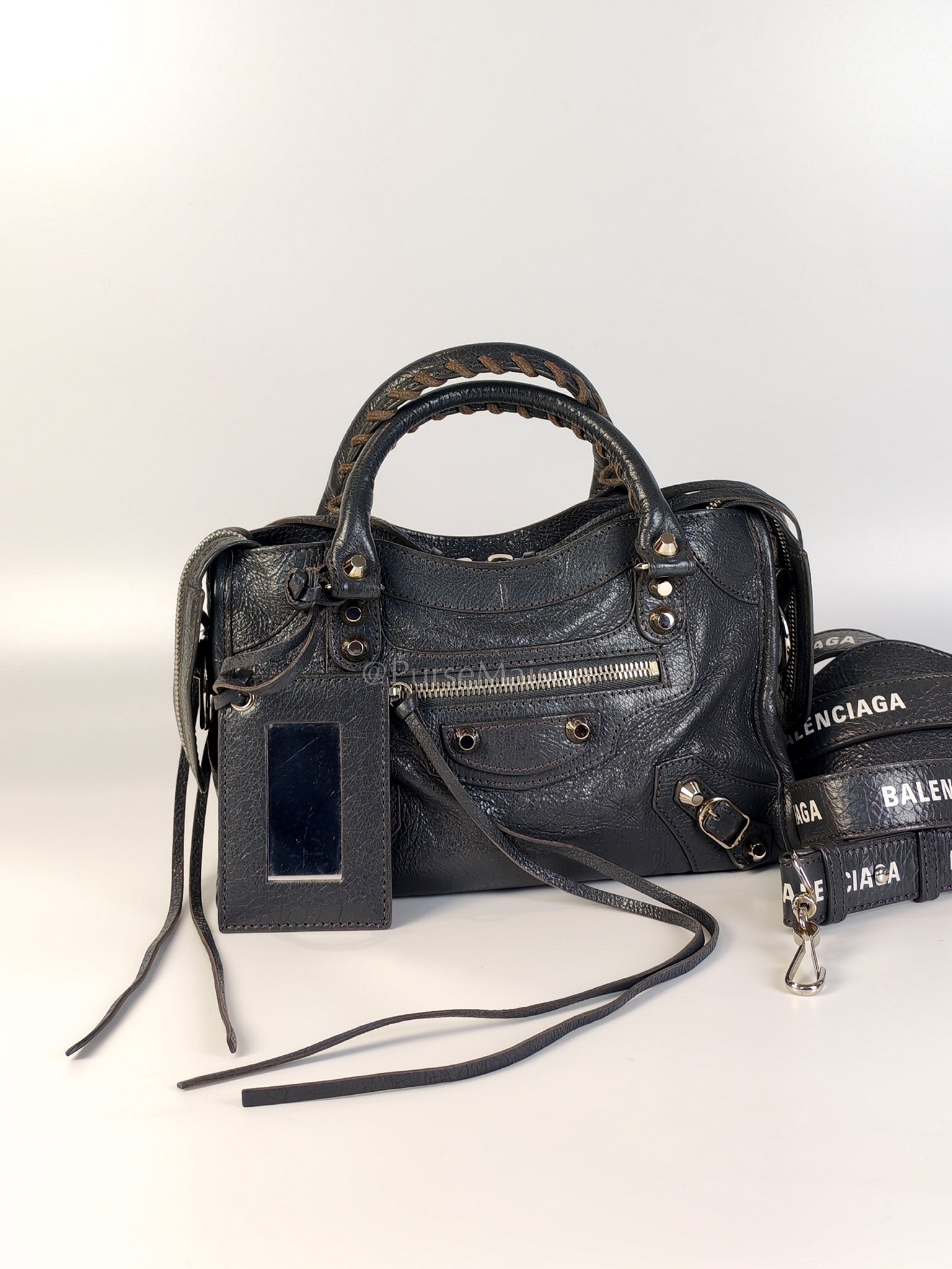 Mini City Bag in Dark Gray Lambskin(Agneau) Leather Silver Hardware | Purse Maison Luxury Bags Shop