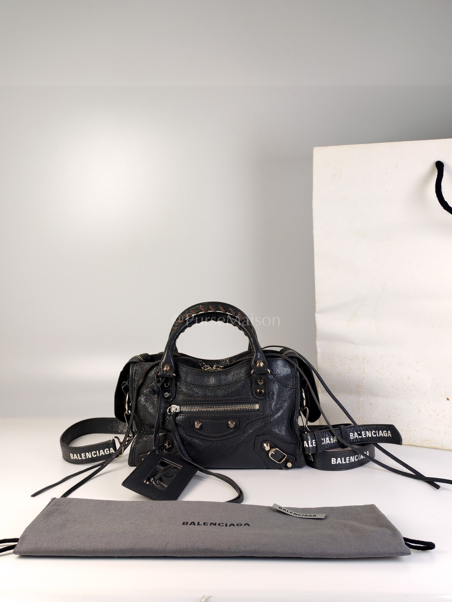 Mini City Bag in Dark Gray Lambskin(Agneau) Leather Silver Hardware | Purse Maison Luxury Bags Shop