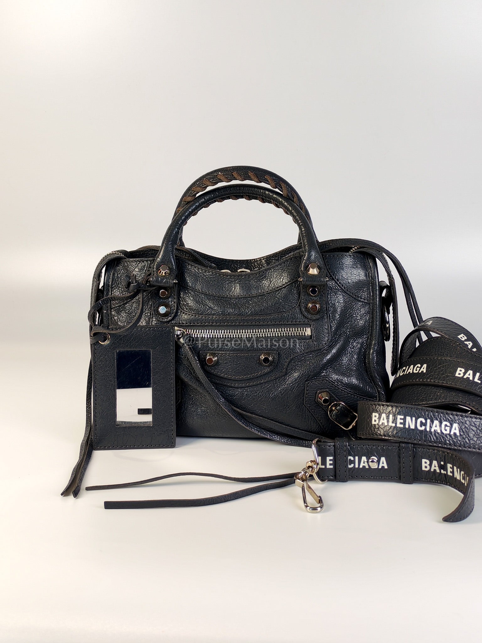 Mini City Bag in Dark Gray Lambskin(Agneau) Leather Silver Hardware | Purse Maison Luxury Bags Shop