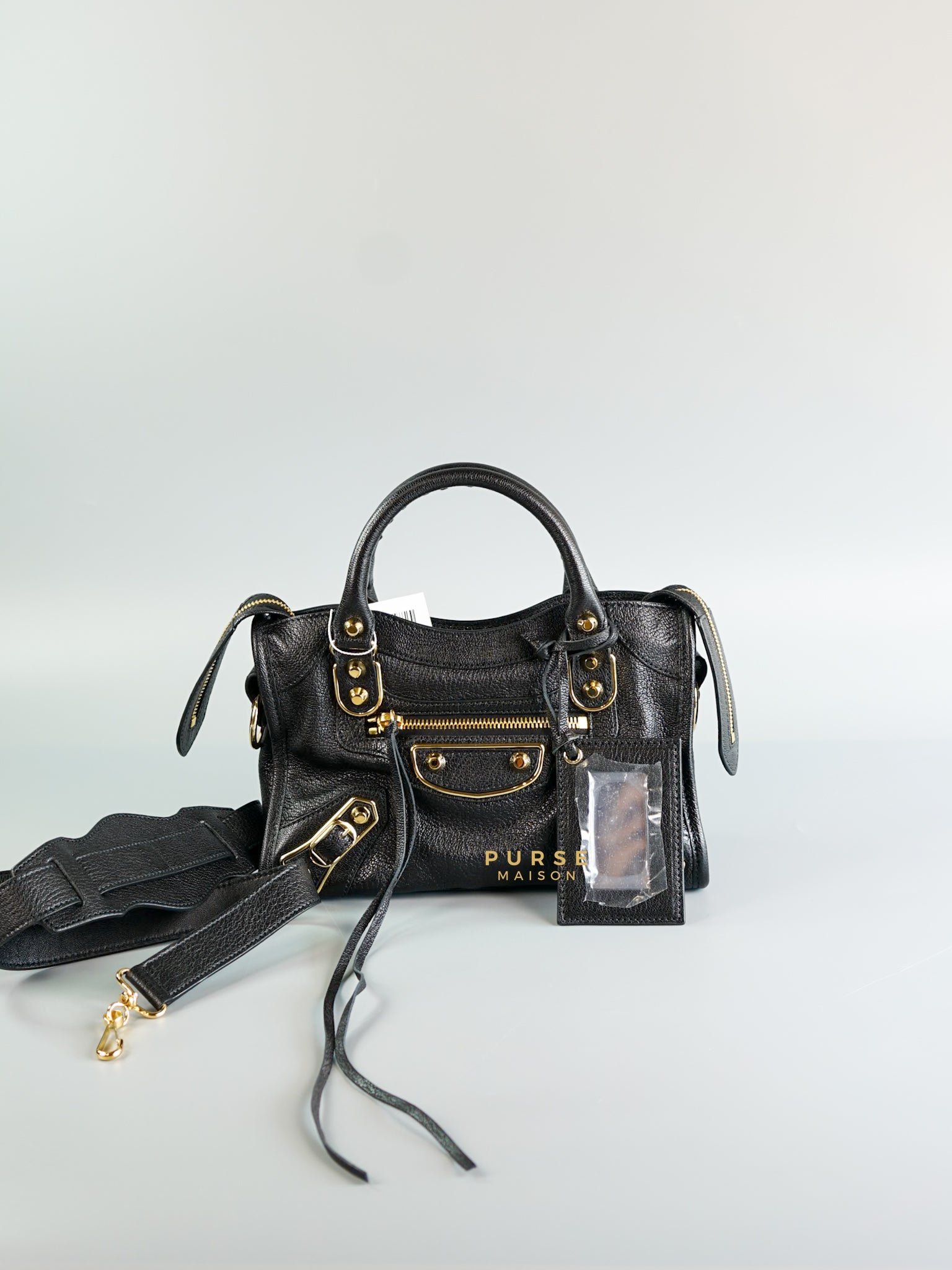 Mini City Metallic Edge in Black Leather and Gold Hardware | Purse Maison Luxury Bags Shop