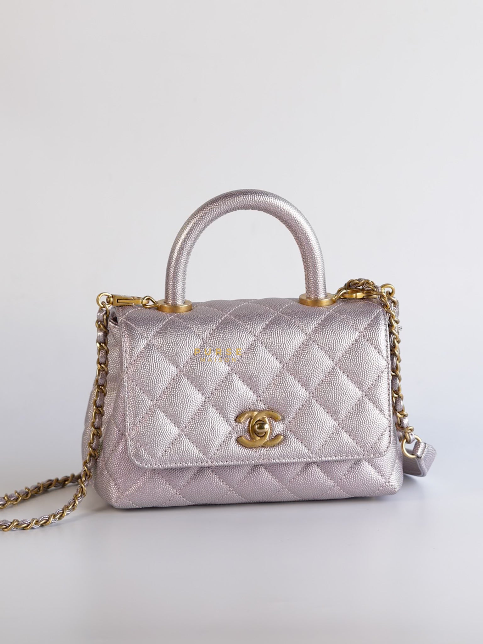 Mini Coco Handle Iridescent Light Purple Caviar Leather Aged Gold Hardware (Microchip) | Purse Maison Luxury Bags Shop