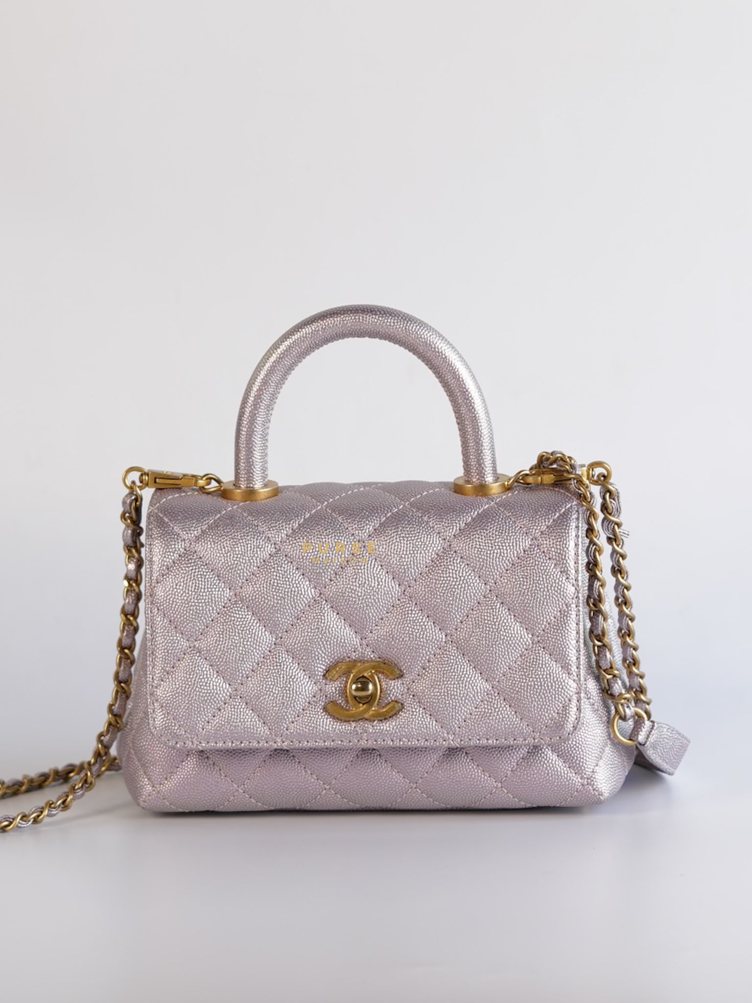 Mini Coco Handle Iridescent Light Purple Caviar Leather Aged Gold Hardware (Microchip) | Purse Maison Luxury Bags Shop