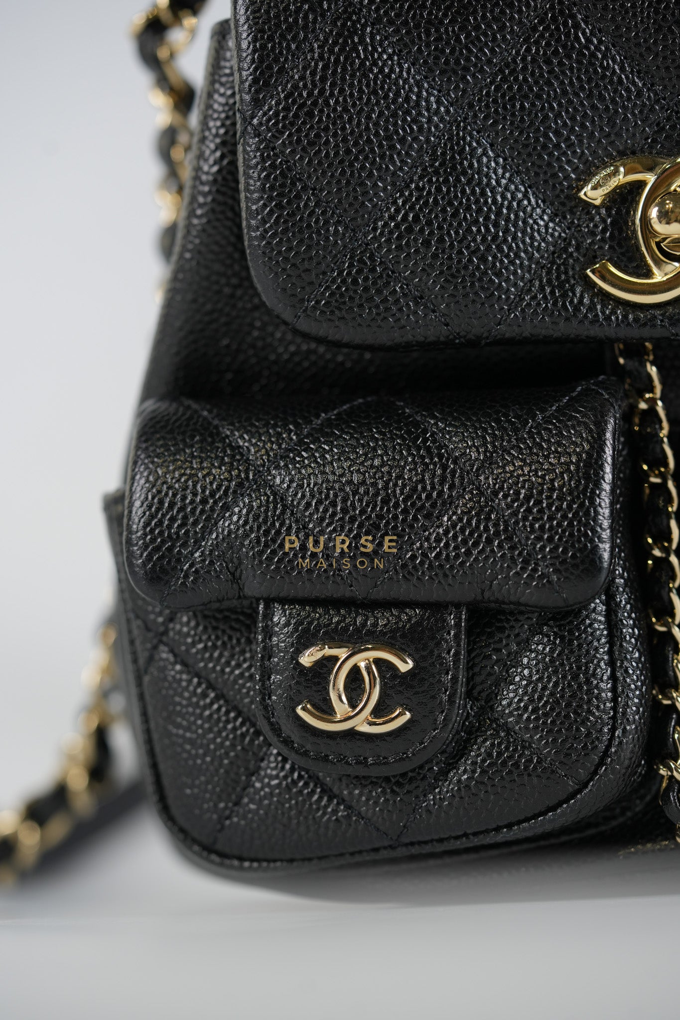 Mini Duma Backpack Black Caviar Leather Light Gold Hardware (Microchip) | Purse Maison Luxury Bags Shop