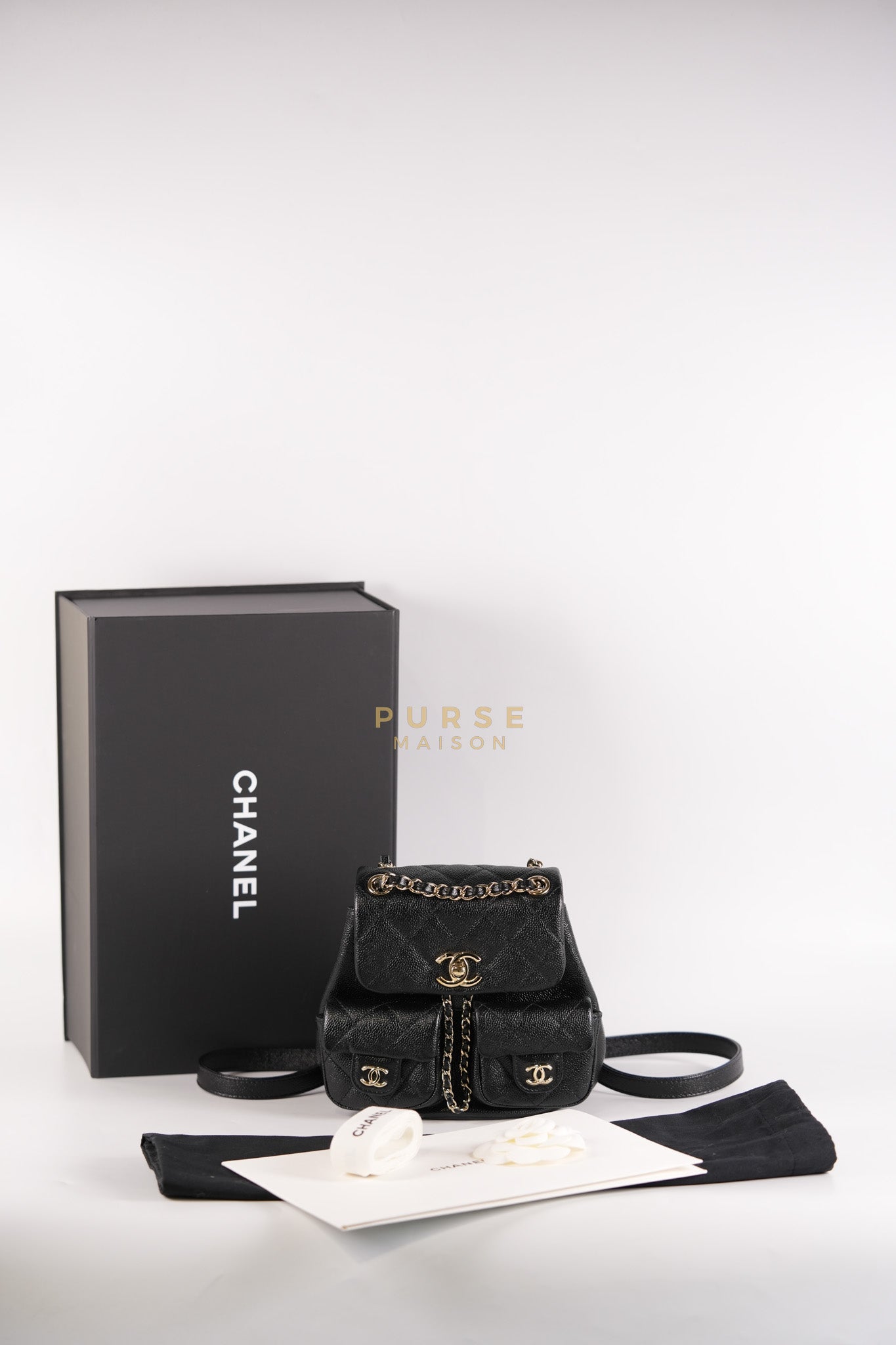 Mini Duma Backpack Black Caviar Leather Light Gold Hardware (Microchip) | Purse Maison Luxury Bags Shop
