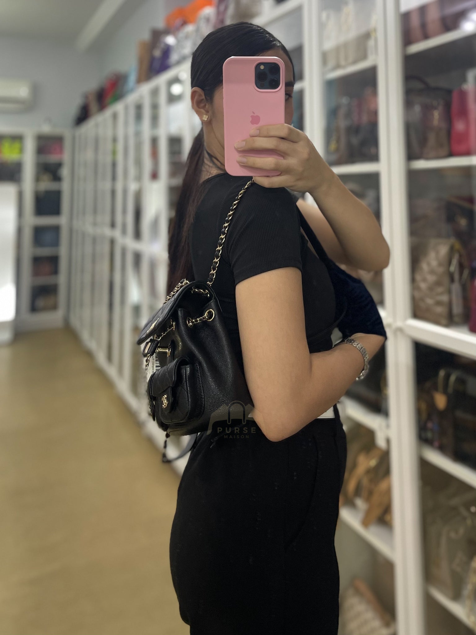 Mini Duma Backpack Black Caviar Leather Light Gold Hardware (Microchip) | Purse Maison Luxury Bags Shop