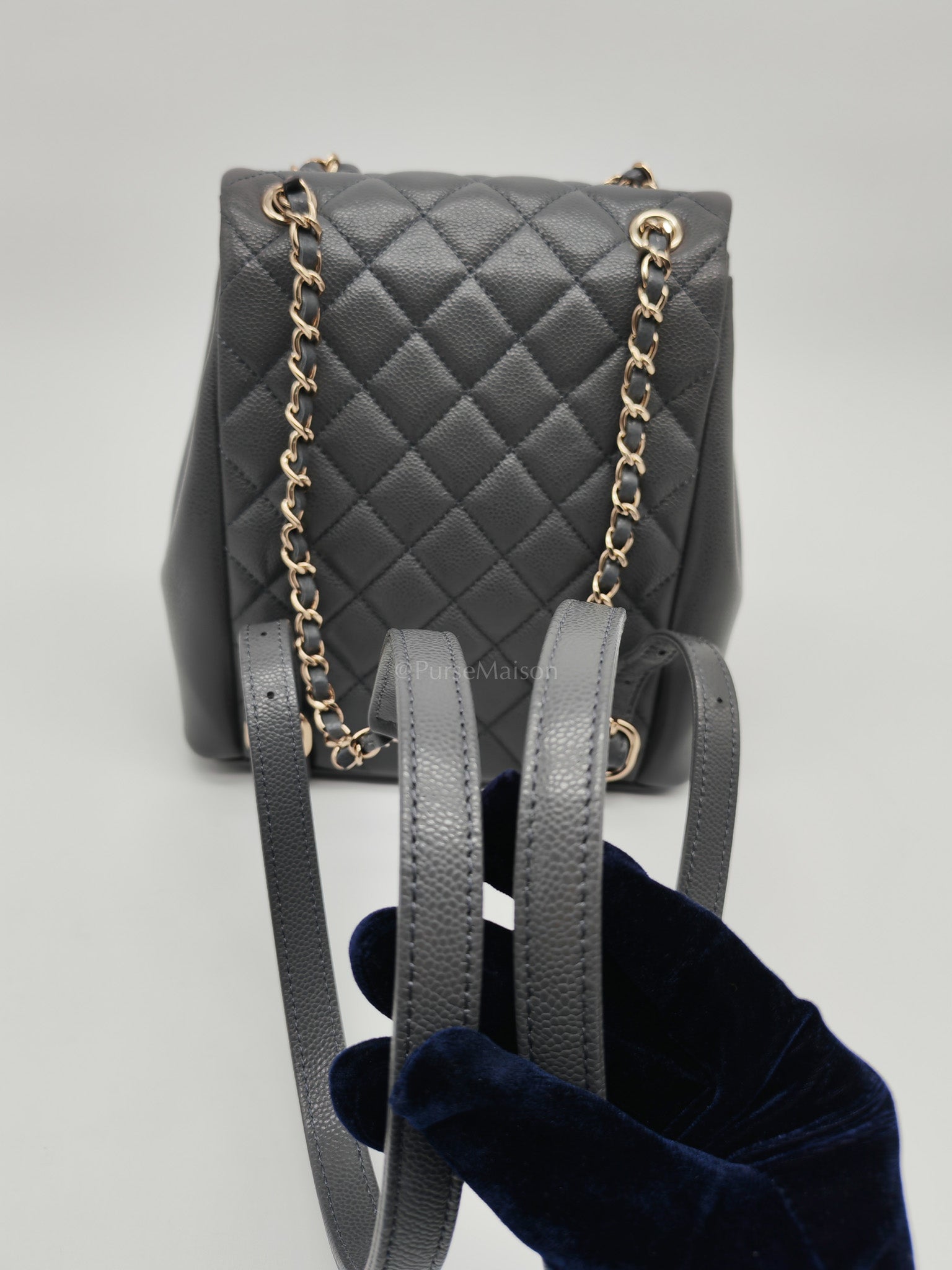 Mini Duma Backpack in Gray Quilted Caviar Leather and Light Gold Hardware (Microchip) | Purse Maison Luxury Bags Shop