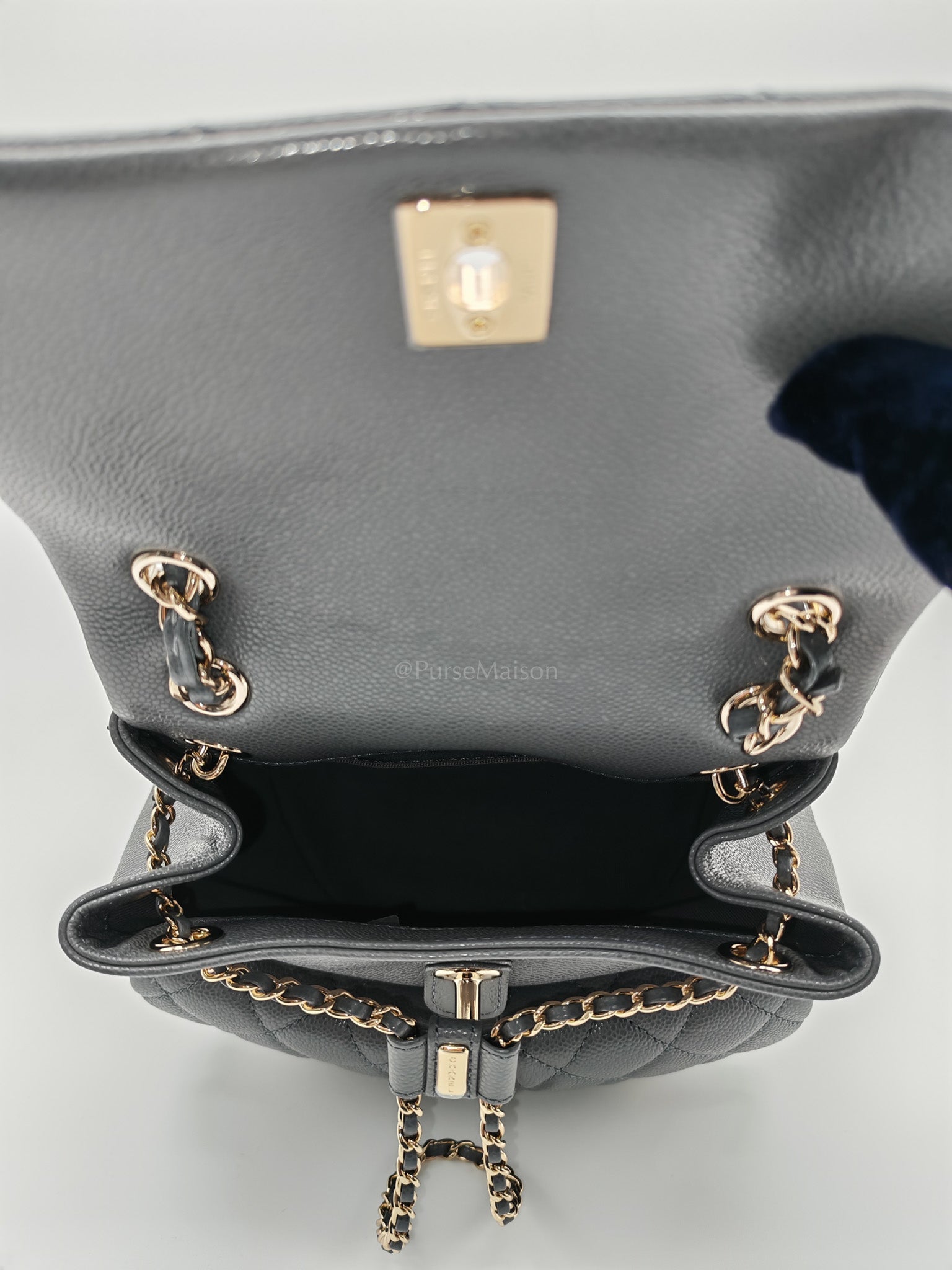 Mini Duma Backpack in Gray Quilted Caviar Leather and Light Gold Hardware (Microchip) | Purse Maison Luxury Bags Shop