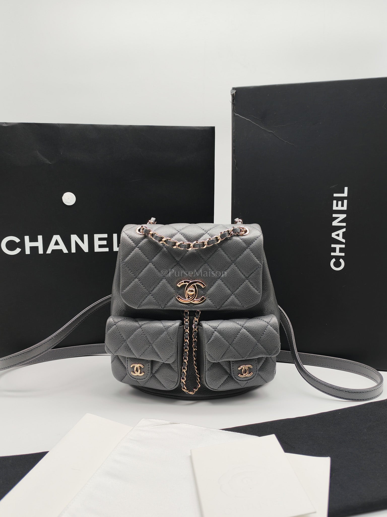 Mini Duma Backpack in Gray Quilted Caviar Leather and Light Gold Hardware (Microchip) | Purse Maison Luxury Bags Shop