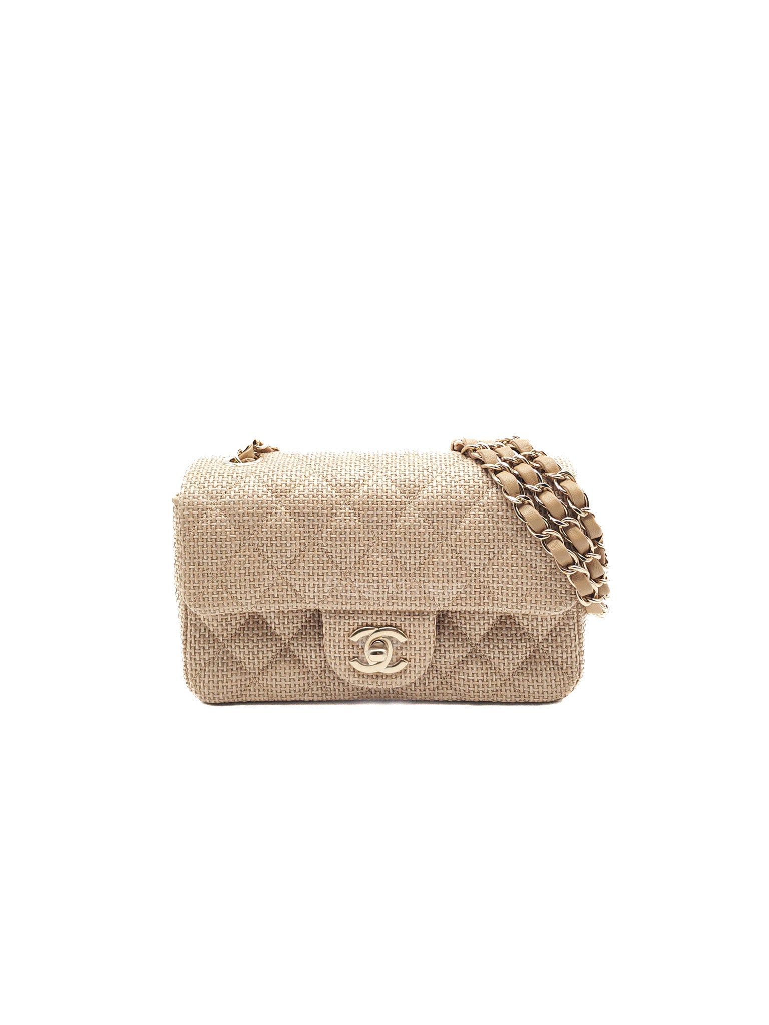 Mini Flap Bag in Dark Beige Raffia & Light Gold Hardware Microchip | Purse Maison Luxury Bags Shop