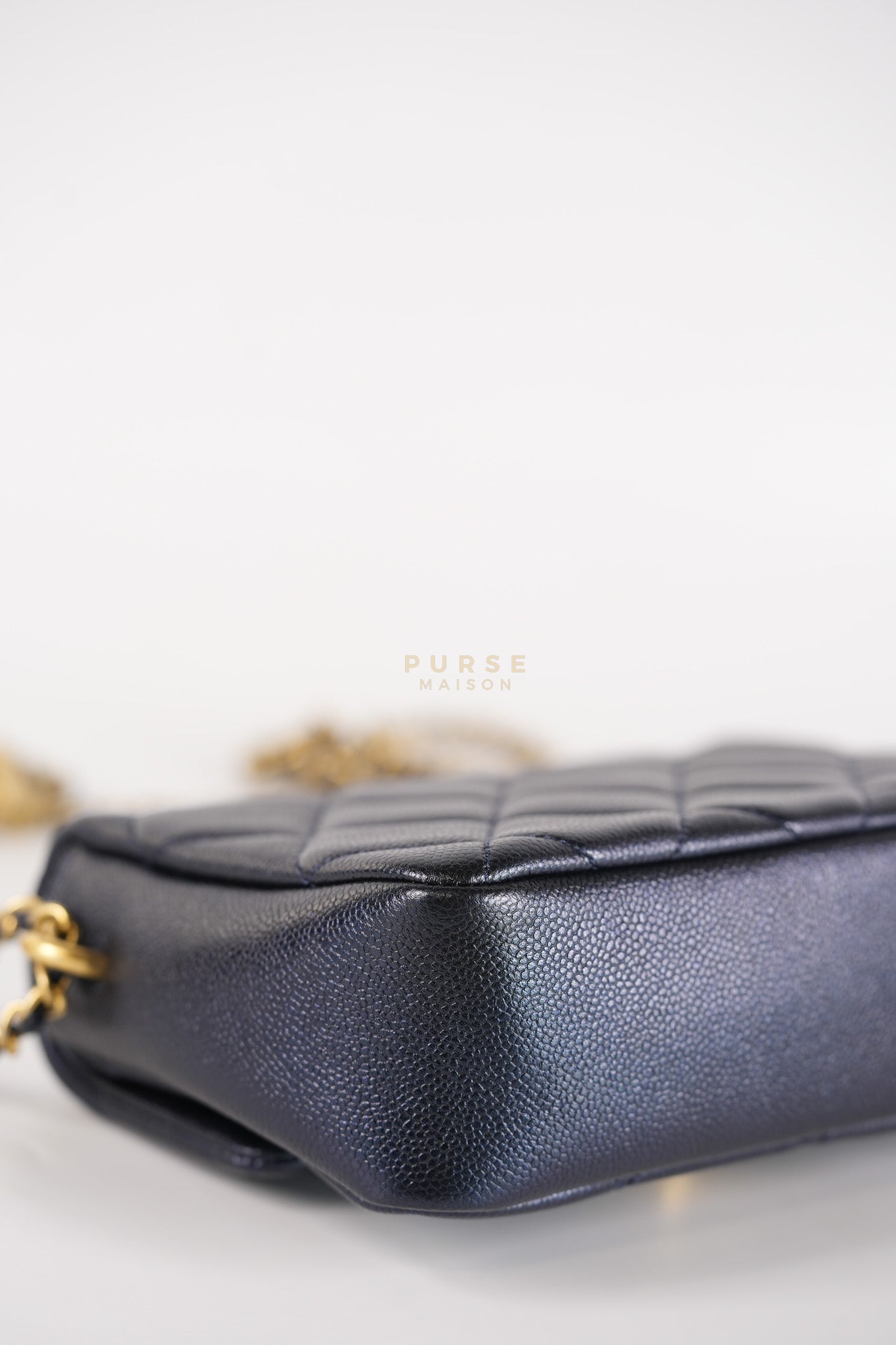 Mini Flap Bag in Iridescent Navy Blue Caviar Leather and Aged Gold Hardware (Microchip) | Purse Maison Luxury Bags Shop