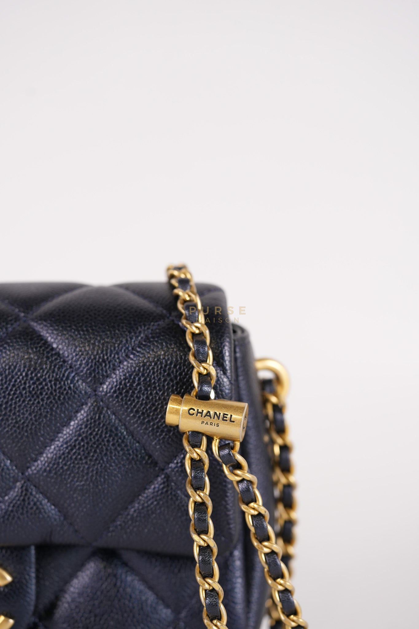 Mini Flap Bag in Iridescent Navy Blue Caviar Leather and Aged Gold Hardware (Microchip) | Purse Maison Luxury Bags Shop