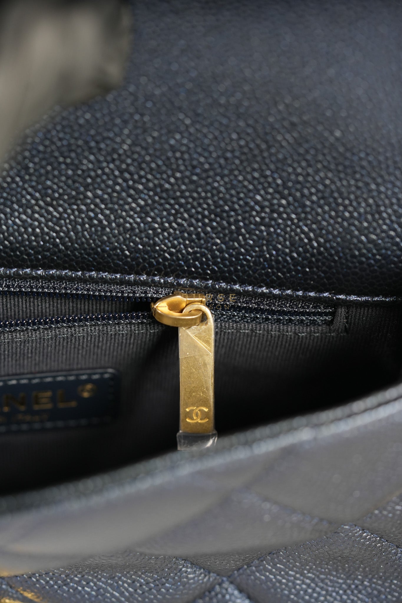 Mini Flap Bag in Iridescent Navy Blue Caviar Leather and Aged Gold Hardware (Microchip) | Purse Maison Luxury Bags Shop