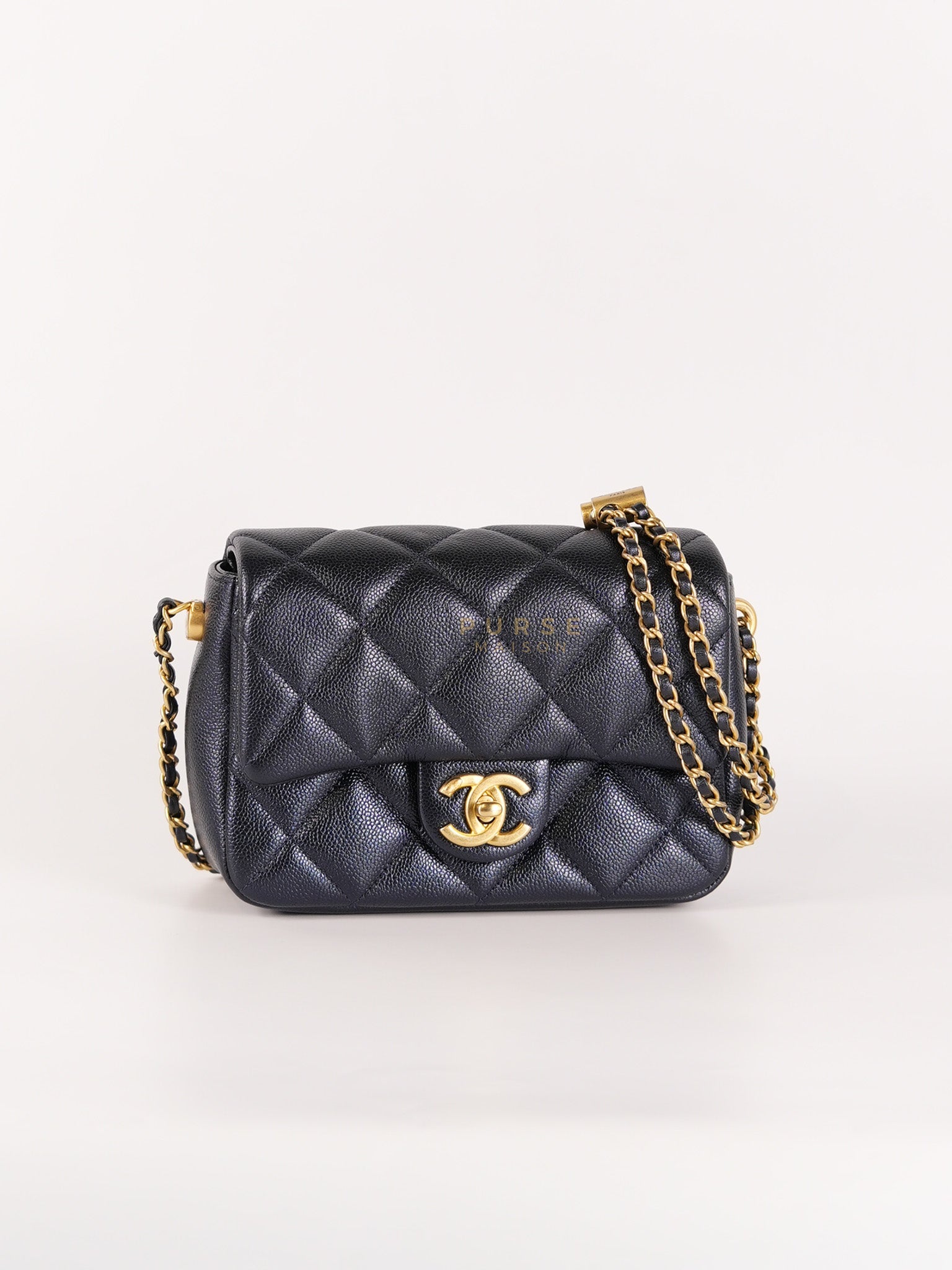 Mini Flap Bag in Iridescent Navy Blue Caviar Leather and Aged Gold Hardware (Microchip) | Purse Maison Luxury Bags Shop