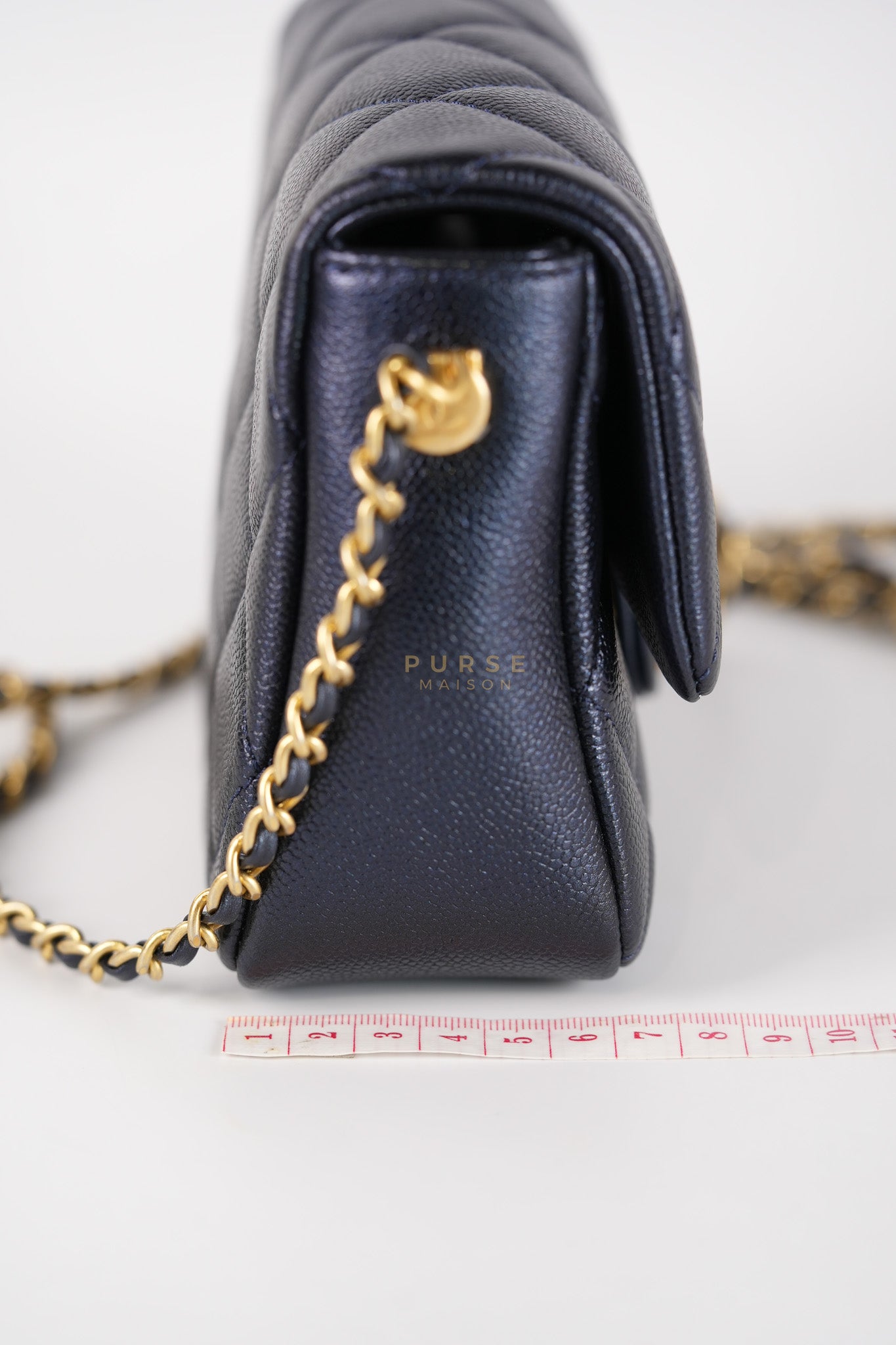 Mini Flap Bag in Iridescent Navy Blue Caviar Leather and Aged Gold Hardware (Microchip) | Purse Maison Luxury Bags Shop