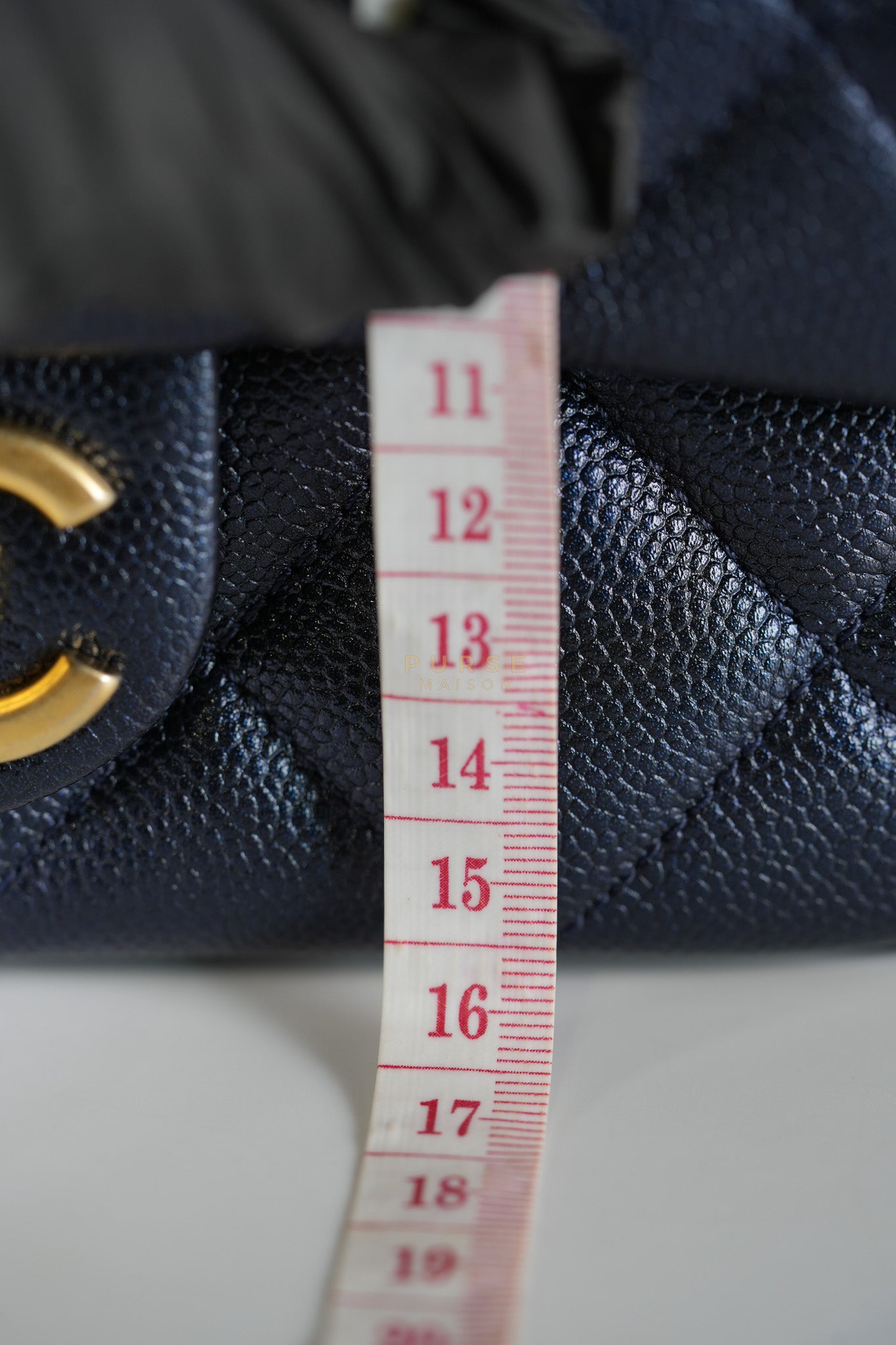 Mini Flap Bag in Iridescent Navy Blue Caviar Leather and Aged Gold Hardware (Microchip) | Purse Maison Luxury Bags Shop