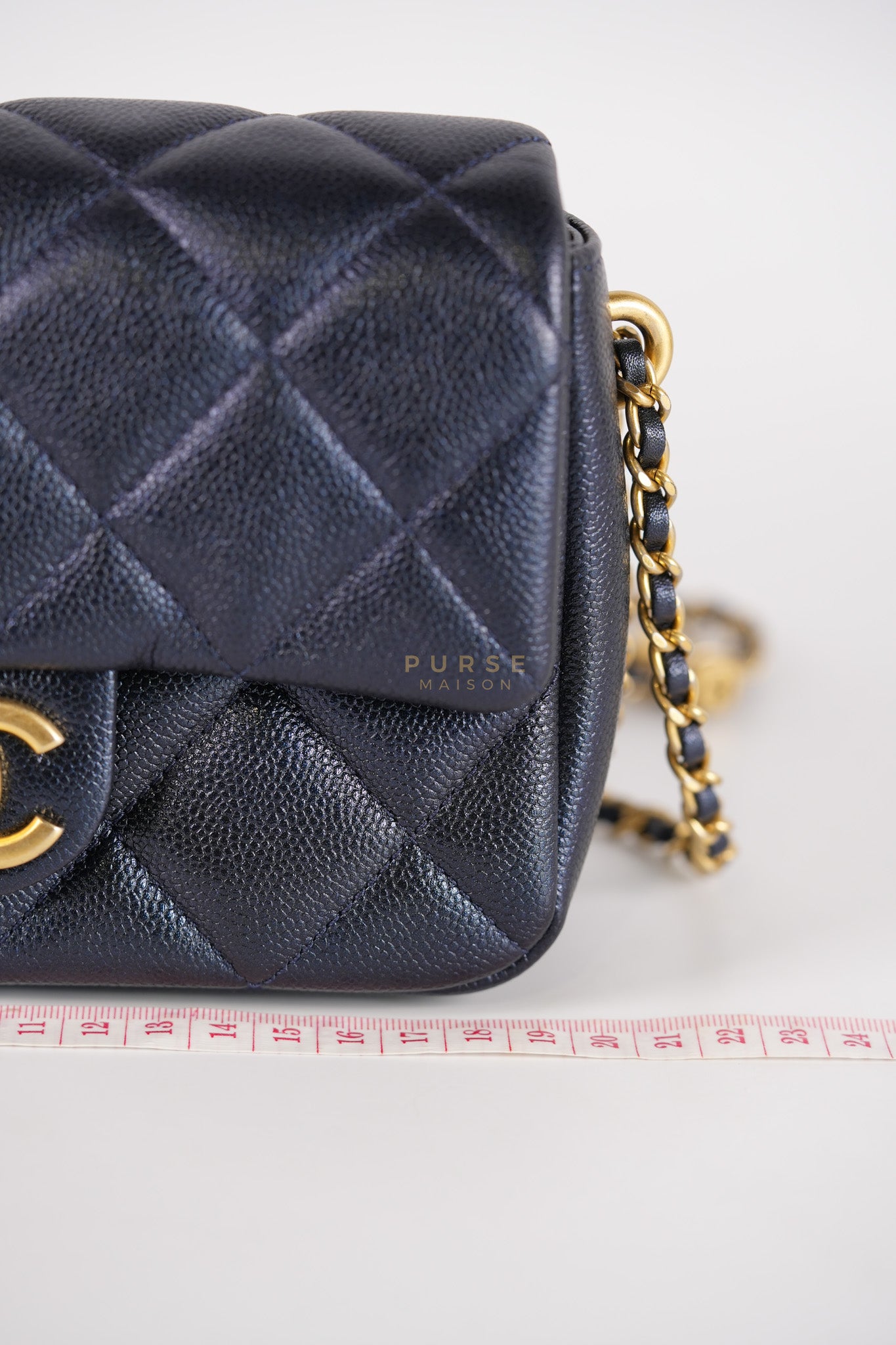 Mini Flap Bag in Iridescent Navy Blue Caviar Leather and Aged Gold Hardware (Microchip) | Purse Maison Luxury Bags Shop