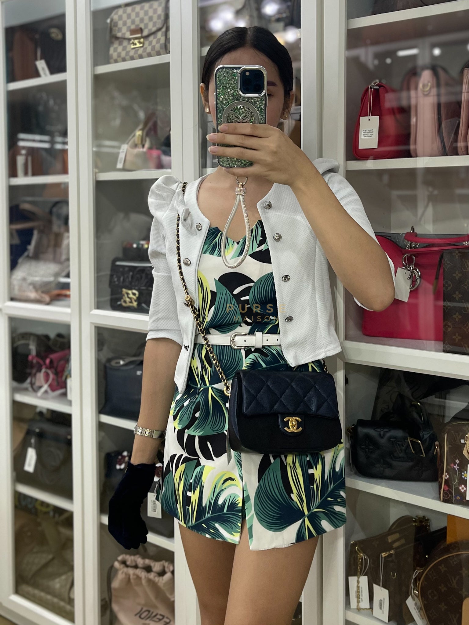 Mini Flap Bag in Iridescent Navy Blue Caviar Leather and Aged Gold Hardware (Microchip) | Purse Maison Luxury Bags Shop