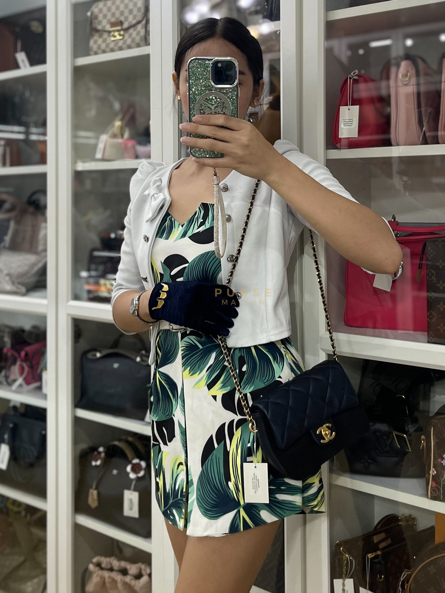 Mini Flap Bag in Iridescent Navy Blue Caviar Leather and Aged Gold Hardware (Microchip) | Purse Maison Luxury Bags Shop