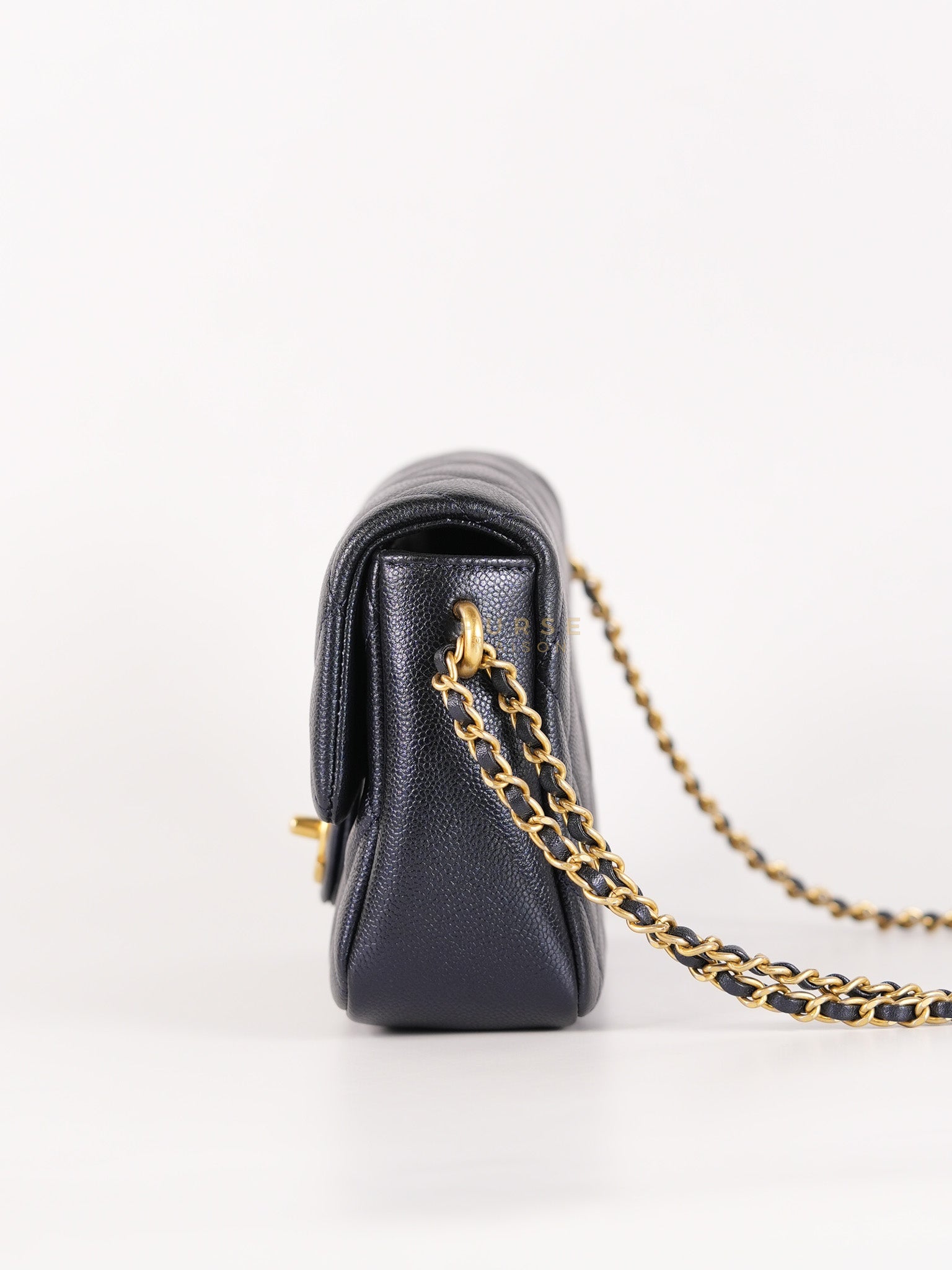 Mini Flap Bag in Iridescent Navy Blue Caviar Leather and Aged Gold Hardware (Microchip) | Purse Maison Luxury Bags Shop