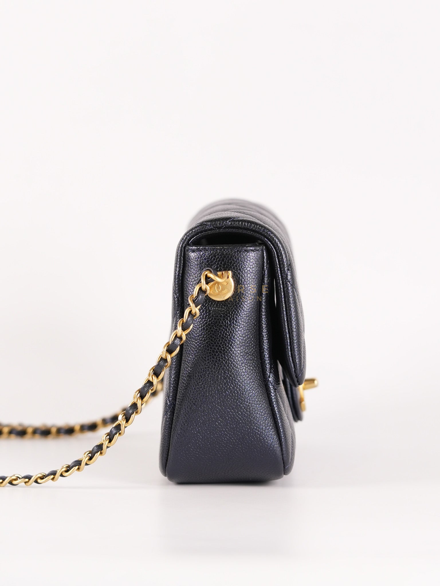 Mini Flap Bag in Iridescent Navy Blue Caviar Leather and Aged Gold Hardware (Microchip) | Purse Maison Luxury Bags Shop