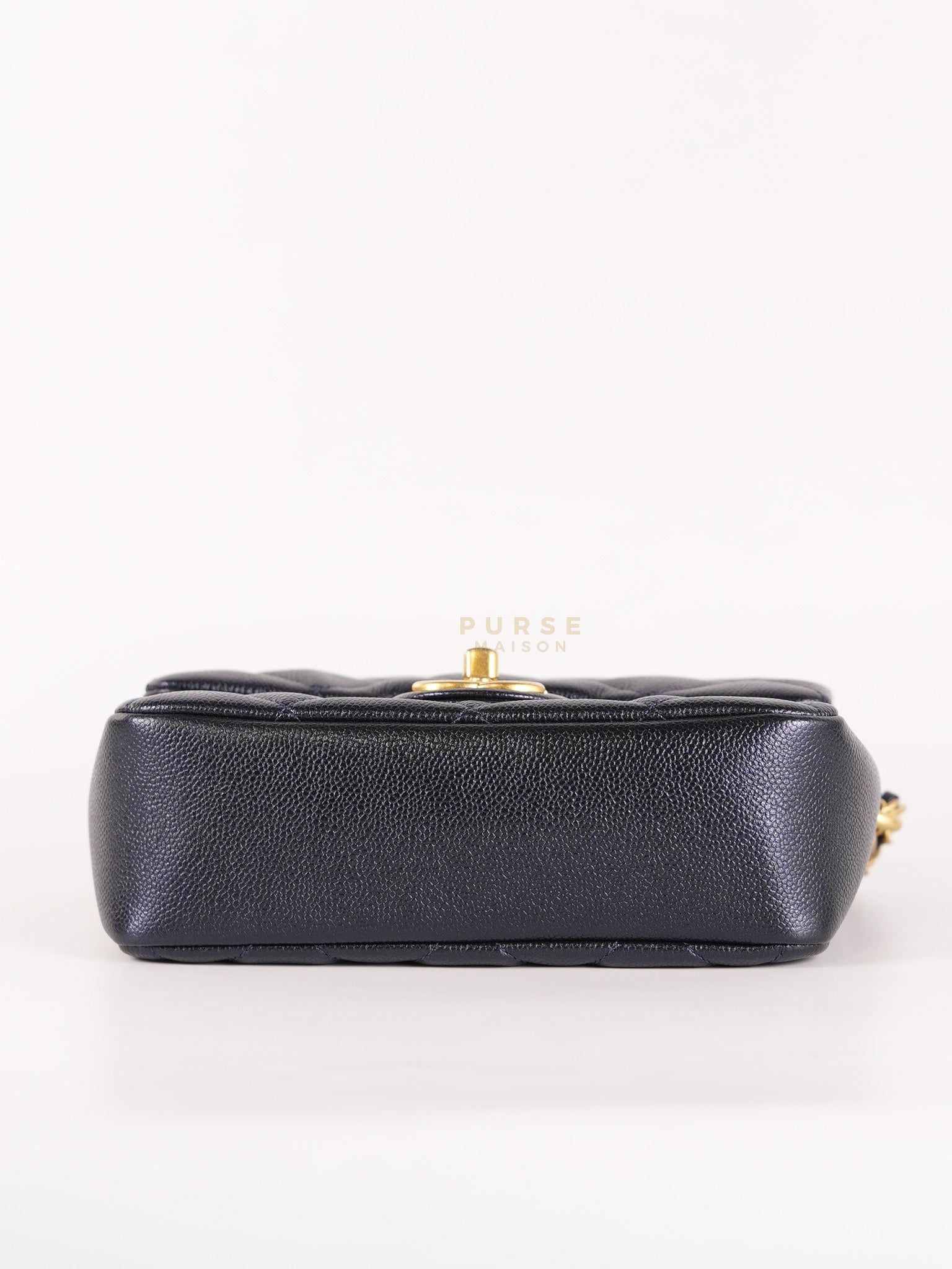 Mini Flap Bag in Iridescent Navy Blue Caviar Leather and Aged Gold Hardware (Microchip) | Purse Maison Luxury Bags Shop