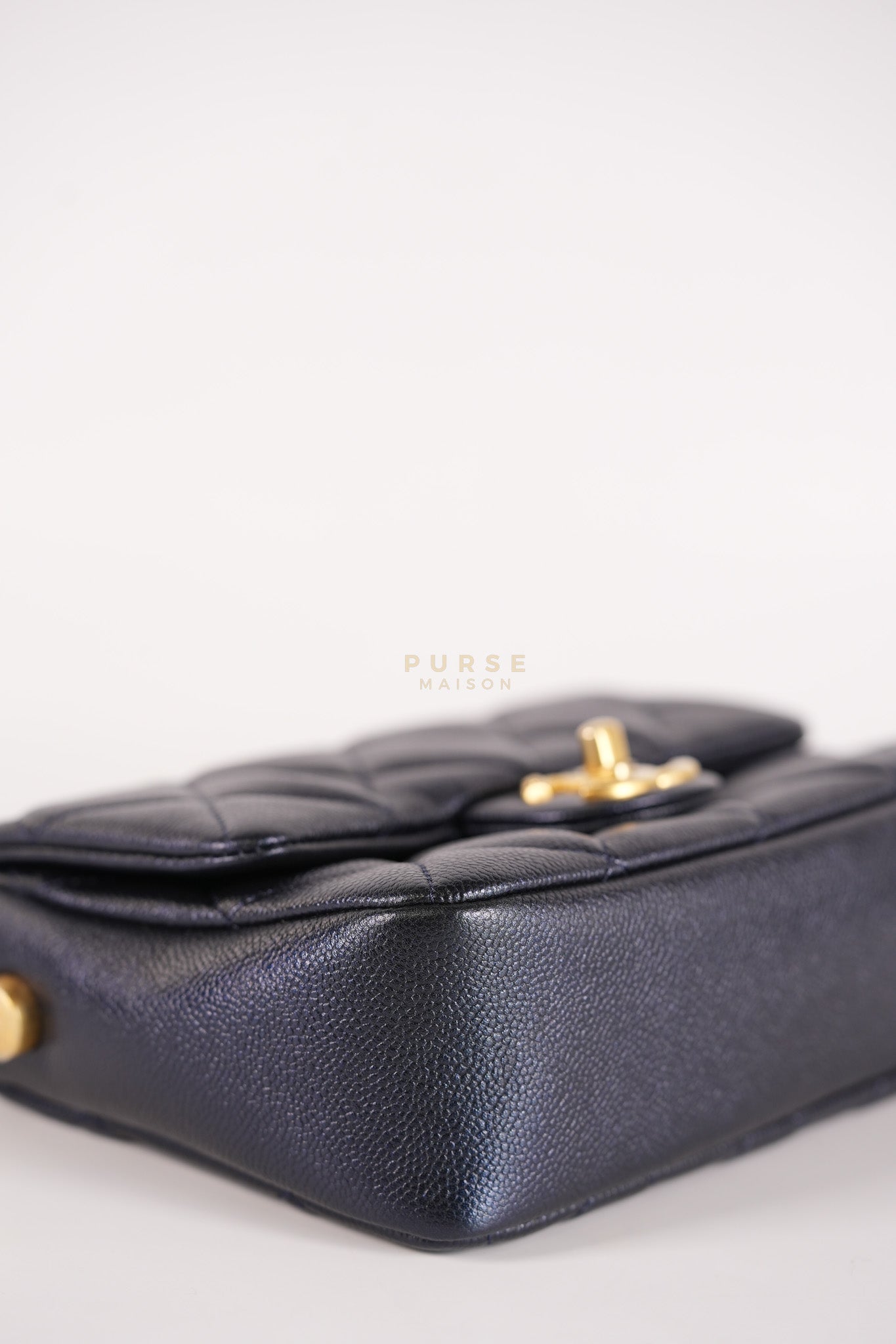 Mini Flap Bag in Iridescent Navy Blue Caviar Leather and Aged Gold Hardware (Microchip) | Purse Maison Luxury Bags Shop