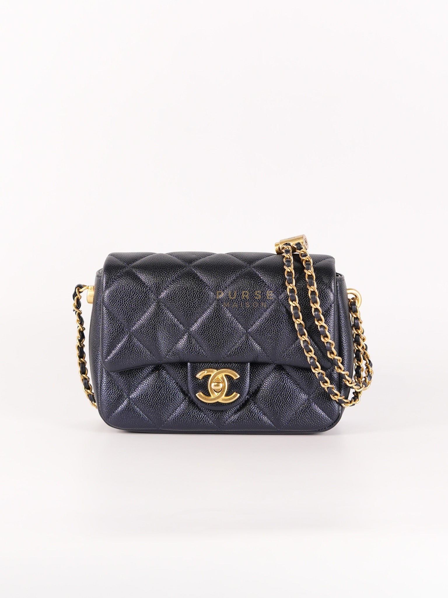 Mini Flap Bag in Iridescent Navy Blue Caviar Leather and Aged Gold Hardware (Microchip) | Purse Maison Luxury Bags Shop