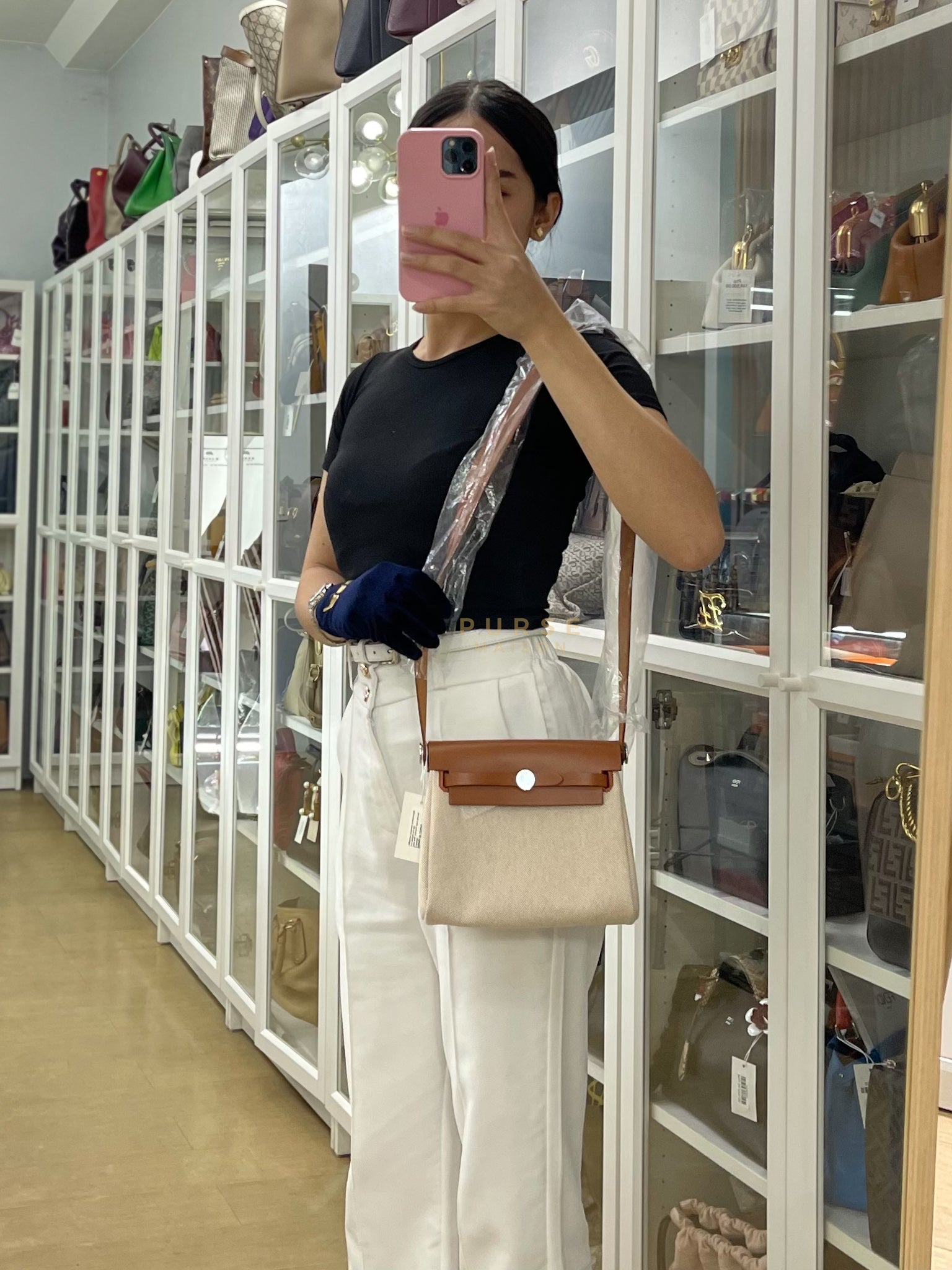 Mini Herbag Beige Leather Canvas and Palladium Hardware Stamp W (2024) | Purse Maison Luxury Bags Shop