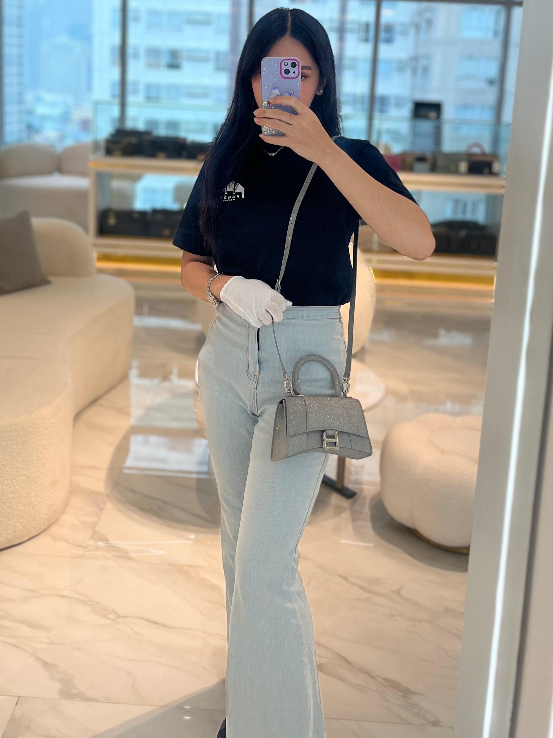 Mini Hourglass in Glitter Silver Shoulder Bag | Purse Maison Luxury Bags Shop