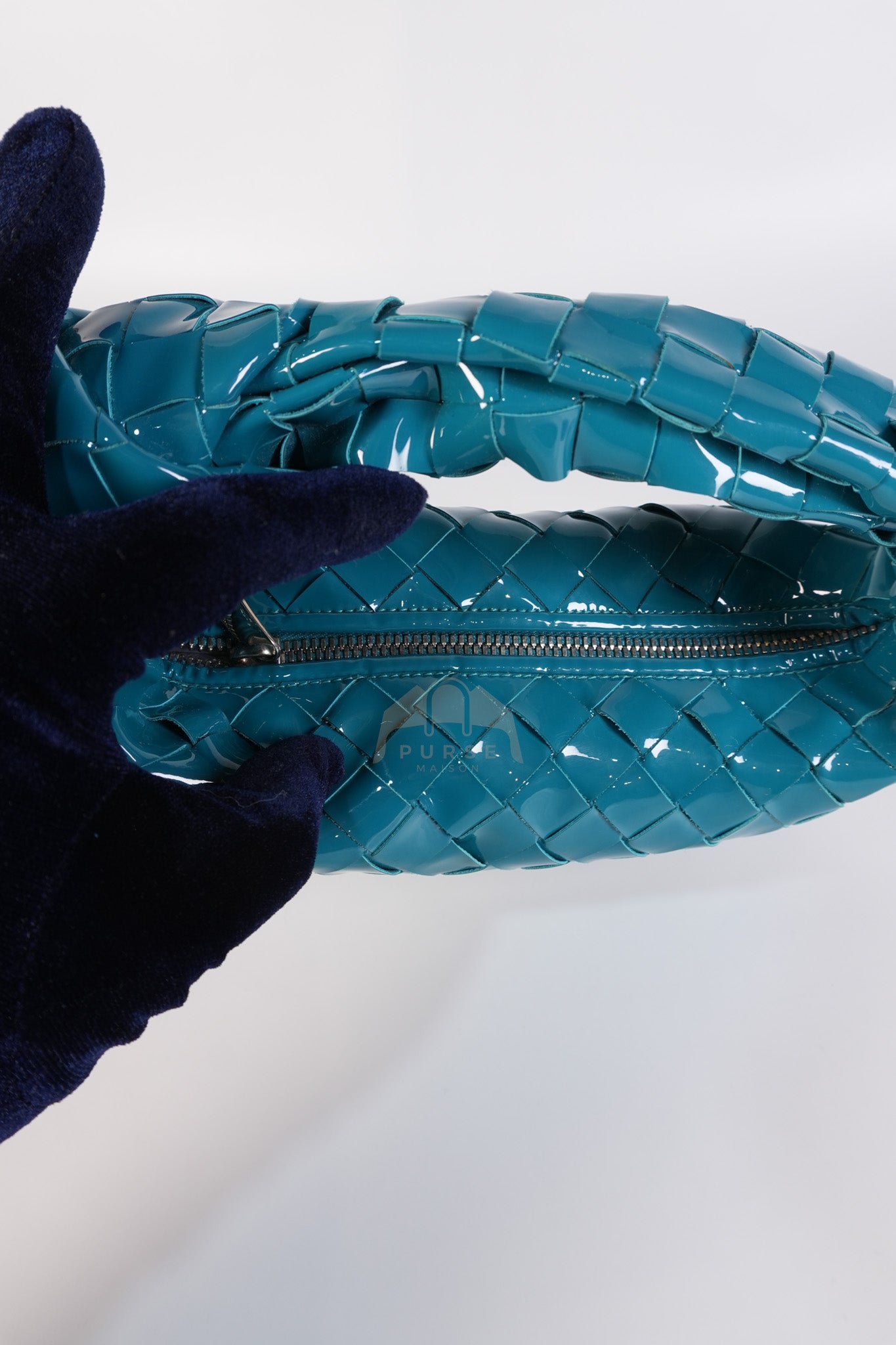 Mini Jodie in Teal Patent Intrecciato Leather & Silver Hardware | Purse Maison Luxury Bags Shop