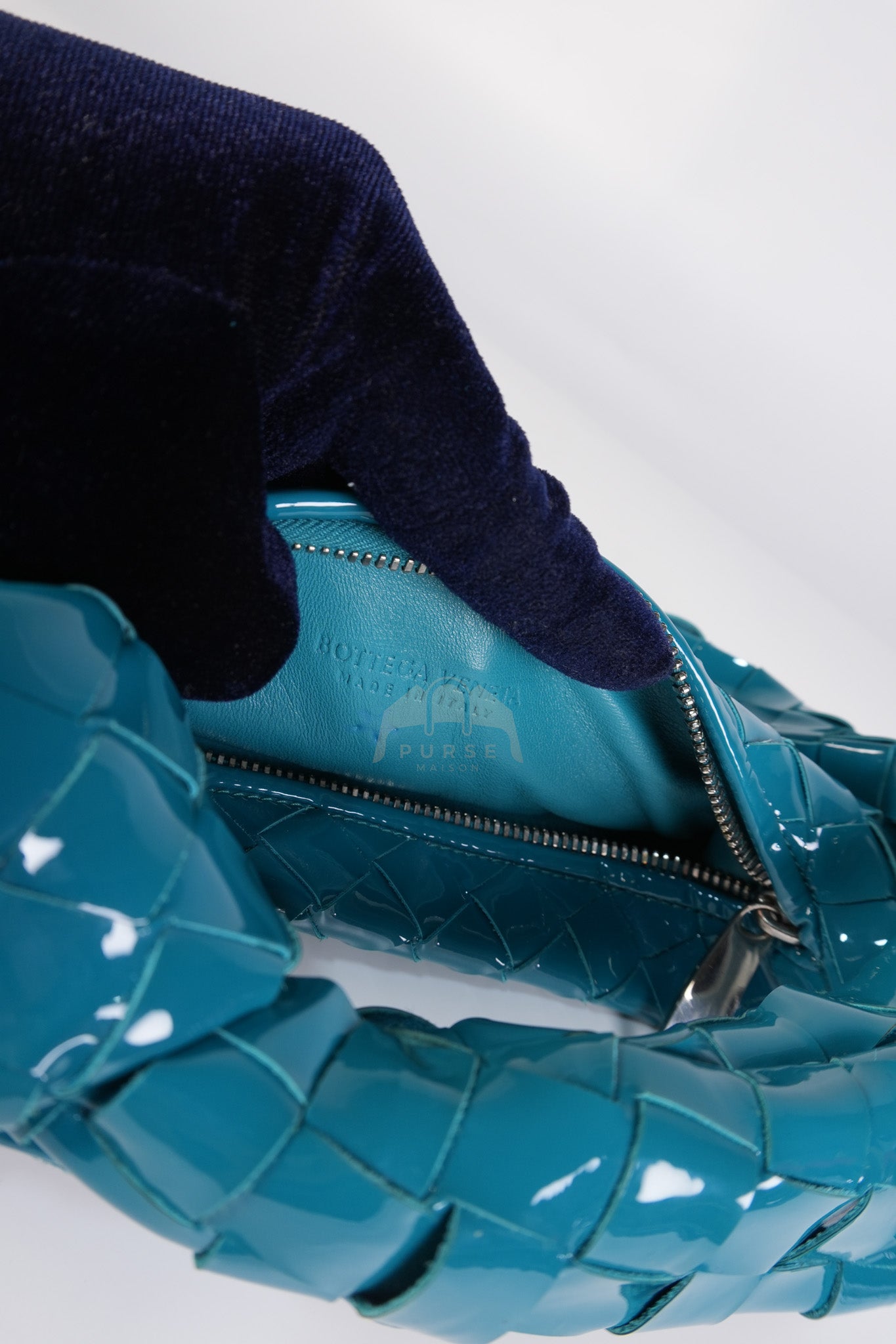 Mini Jodie in Teal Patent Intrecciato Leather & Silver Hardware | Purse Maison Luxury Bags Shop