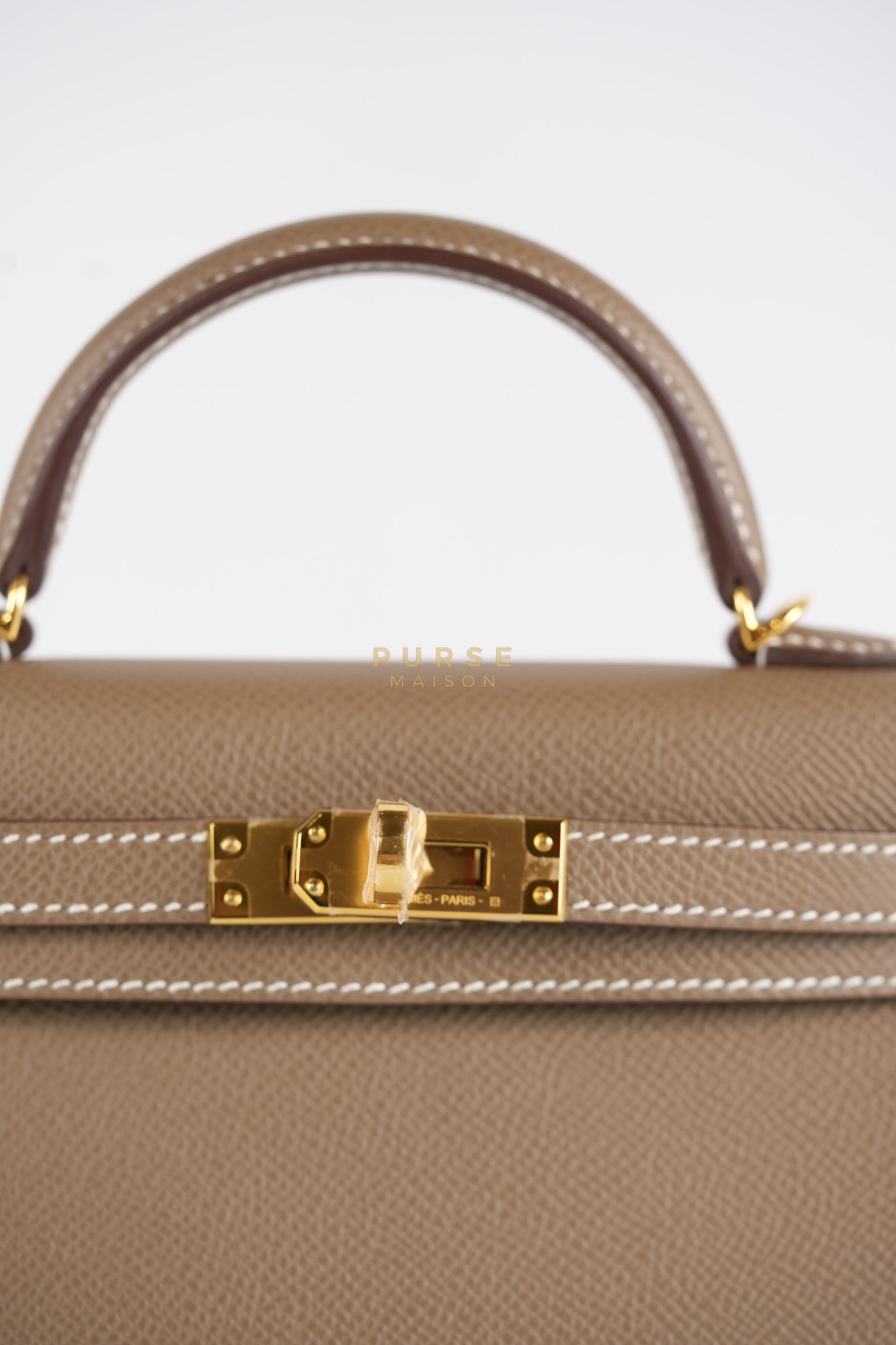Mini Kelly in Etoupe Epsom Leather & Gold Hardware Stamp K (2025) | Purse Maison Luxury Bags Shop