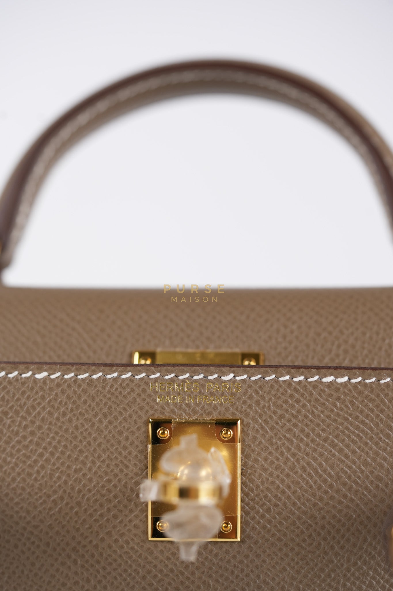 Mini Kelly in Etoupe Epsom Leather & Gold Hardware Stamp K (2025) | Purse Maison Luxury Bags Shop