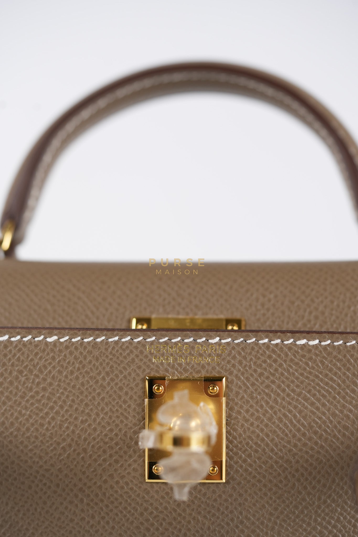 Mini Kelly in Etoupe Epsom Leather & Gold Hardware Stamp K (2025) | Purse Maison Luxury Bags Shop