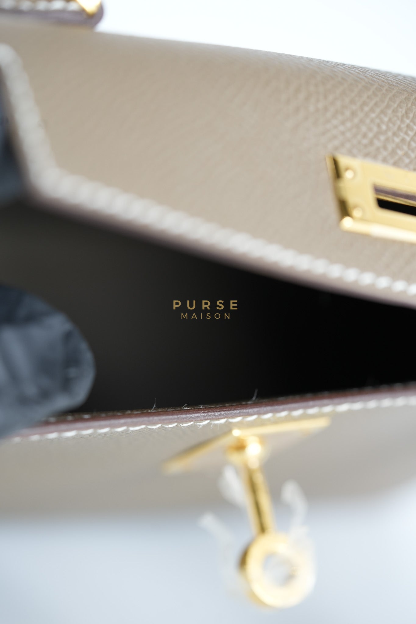 Mini Kelly in Etoupe Epsom Leather & Gold Hardware Stamp K (2025) | Purse Maison Luxury Bags Shop