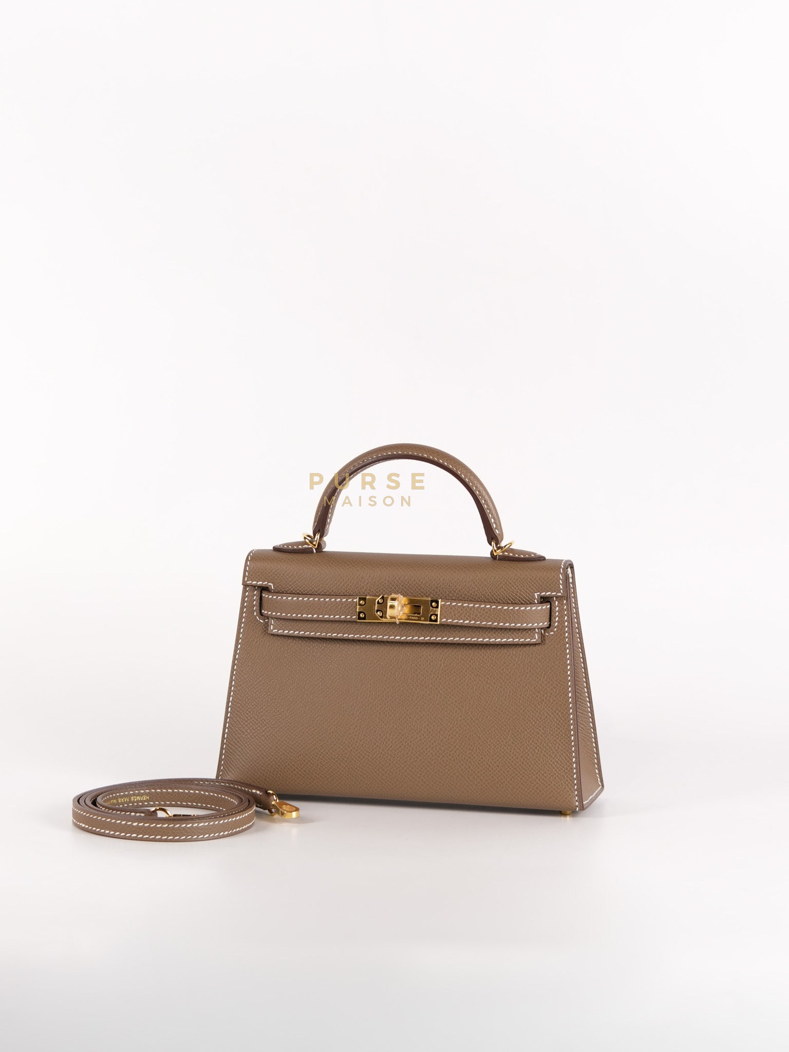 Mini Kelly in Etoupe Epsom Leather & Gold Hardware Stamp K (2025) | Purse Maison Luxury Bags Shop
