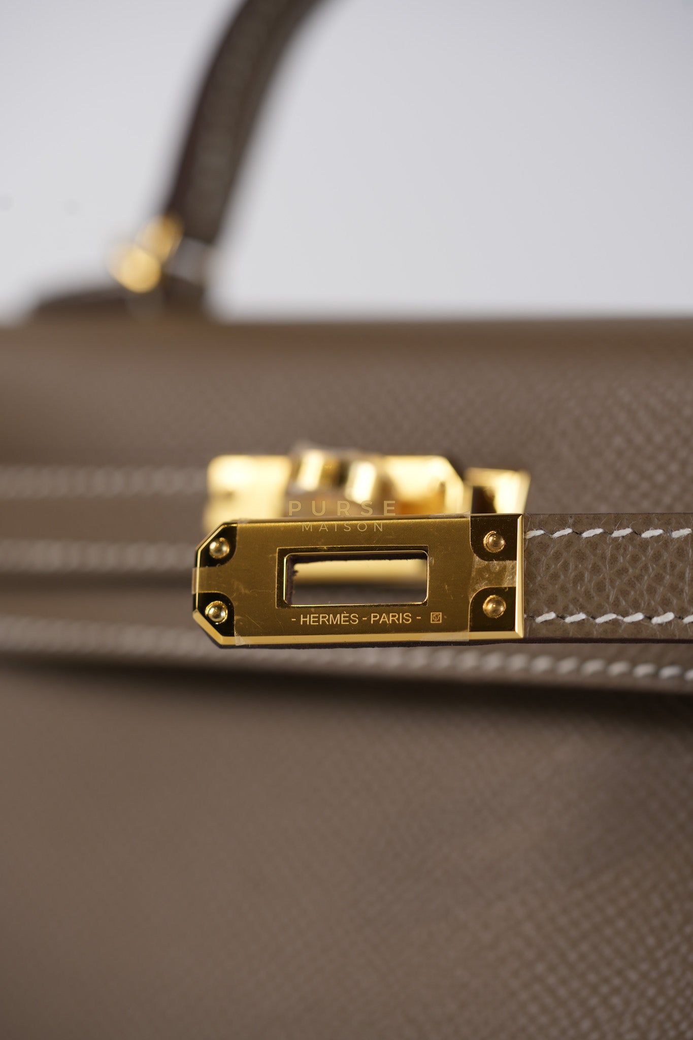 Mini Kelly in Etoupe Epsom Leather & Gold Hardware Stamp K (2025) | Purse Maison Luxury Bags Shop