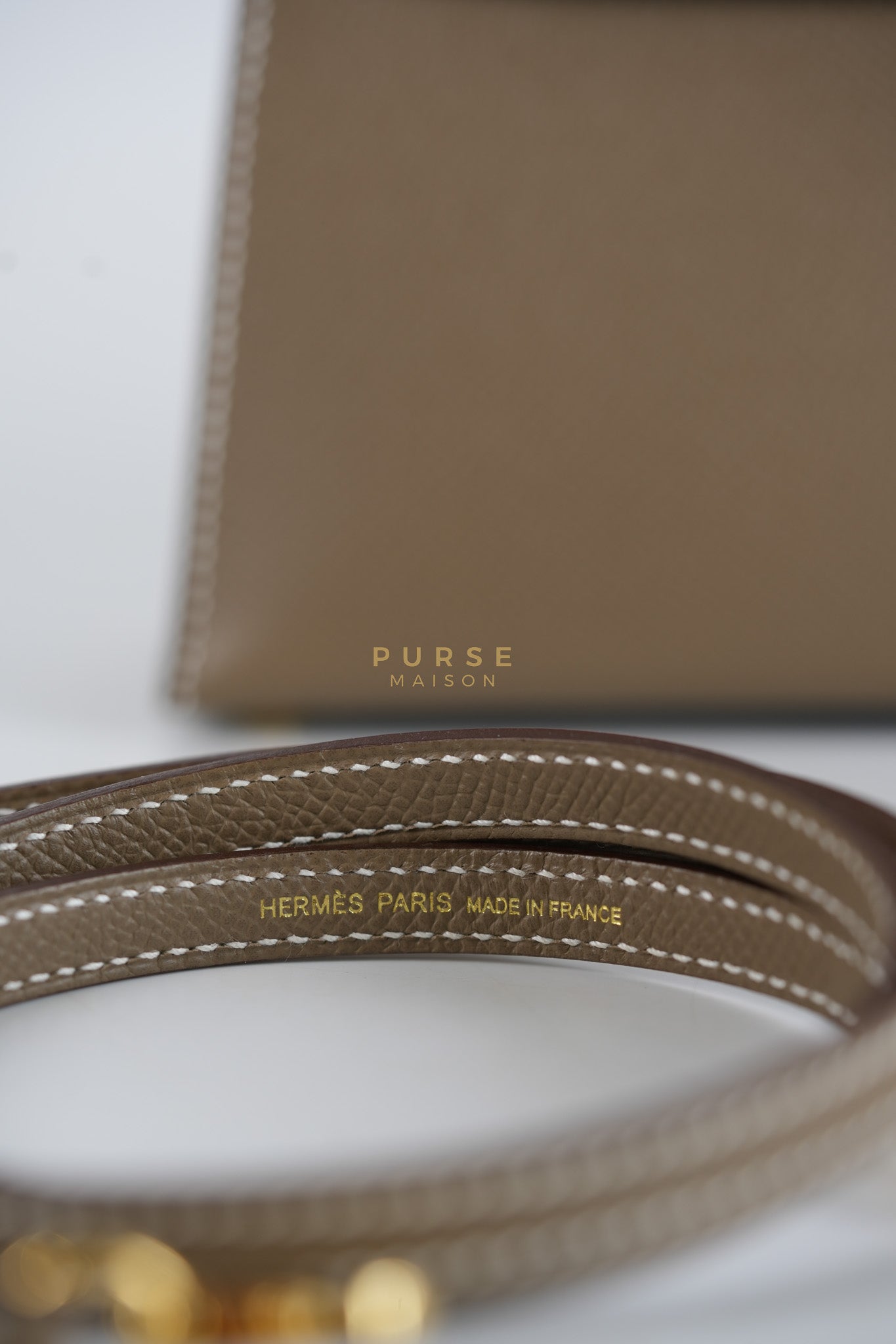 Mini Kelly in Etoupe Epsom Leather & Gold Hardware Stamp K (2025) | Purse Maison Luxury Bags Shop