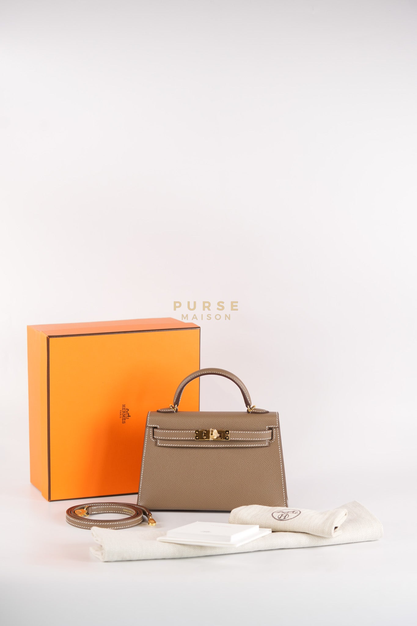 Mini Kelly in Etoupe Epsom Leather & Gold Hardware Stamp K (2025) | Purse Maison Luxury Bags Shop