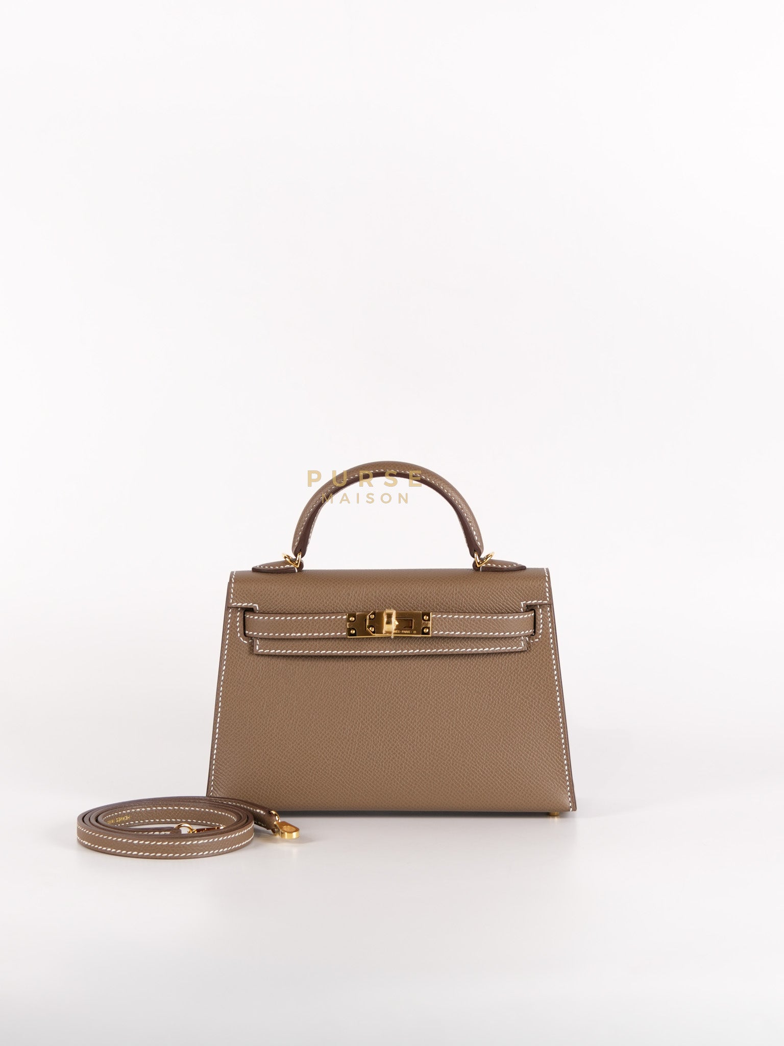 Mini Kelly in Etoupe Epsom Leather & Gold Hardware Stamp K (2025) | Purse Maison Luxury Bags Shop