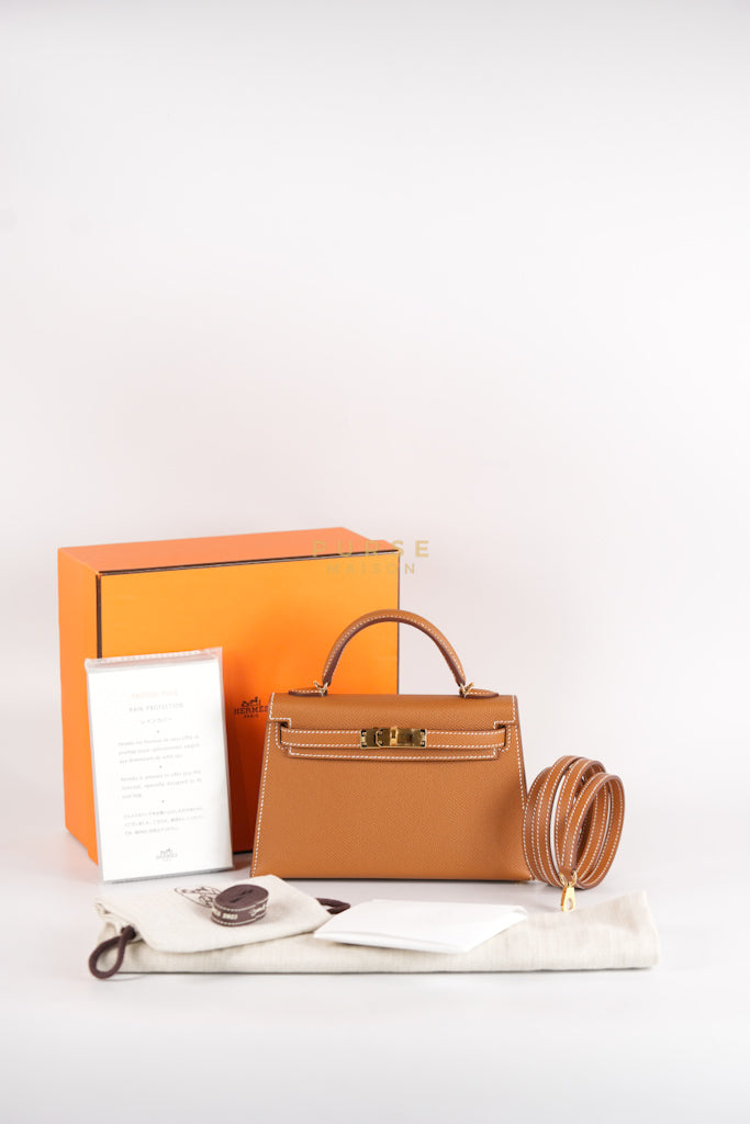 Mini Kelly in Gold Epsom Leather and Gold Hardware Stamp B (2023) | Purse Maison Luxury Bags Shop